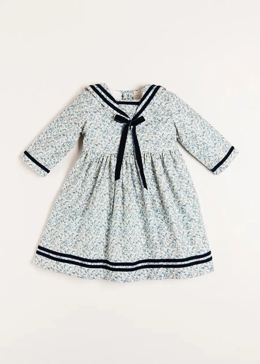 Evelyn Floral Mariner Collar Long Sleeve Dress in Blue (18mths-10yrs)