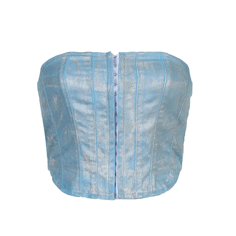 Fashion Elegant Strapless Corset Denim Tube Top Short Pins Up Streetwear Coated Bustier Top Clubwear Bandeau Tie Dye