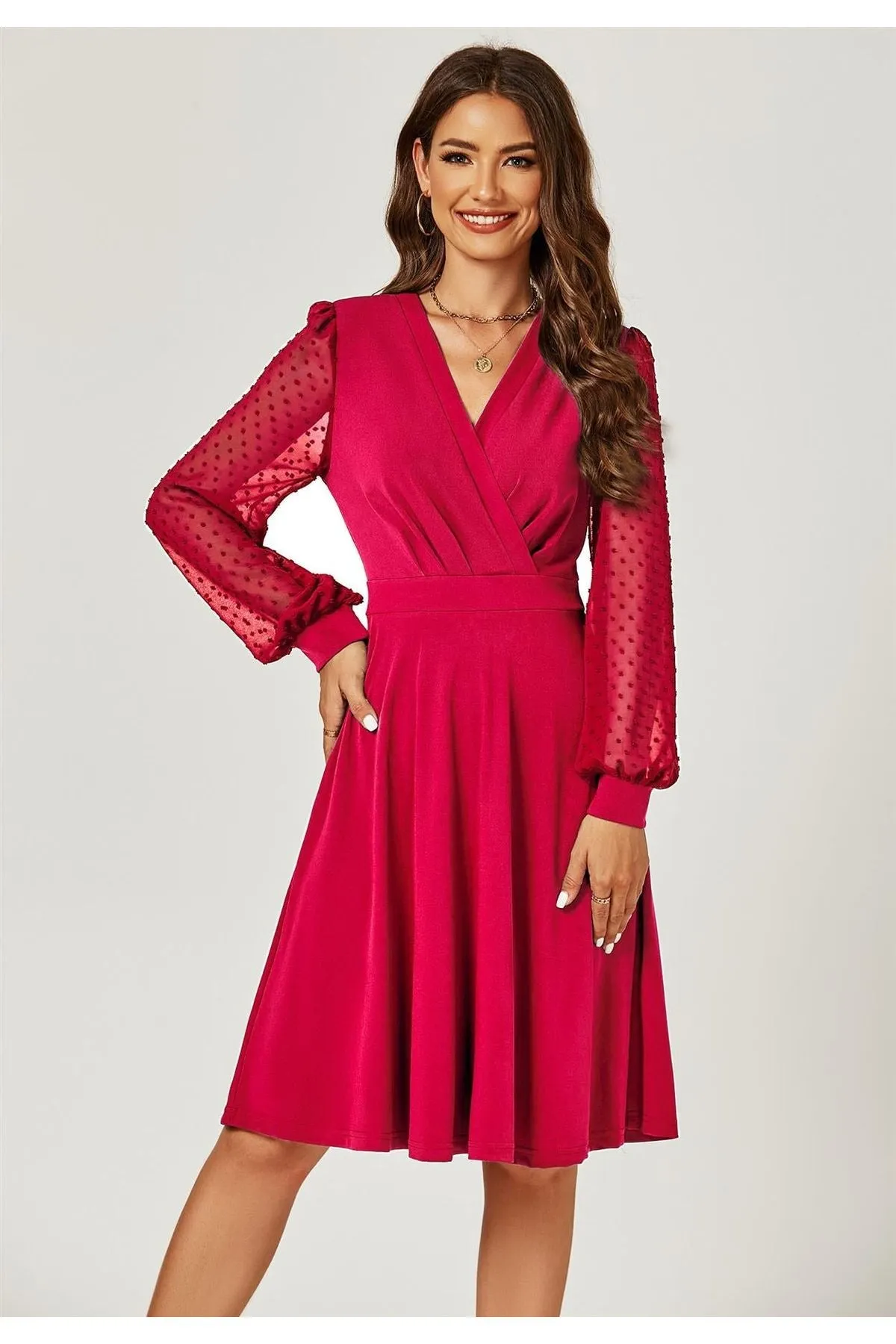 FS Collection Long Chiffon Sleeve Pleated Midi Dress In Wine