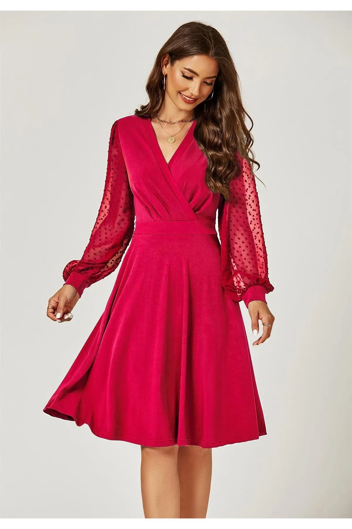 FS Collection Long Chiffon Sleeve Pleated Midi Dress In Wine