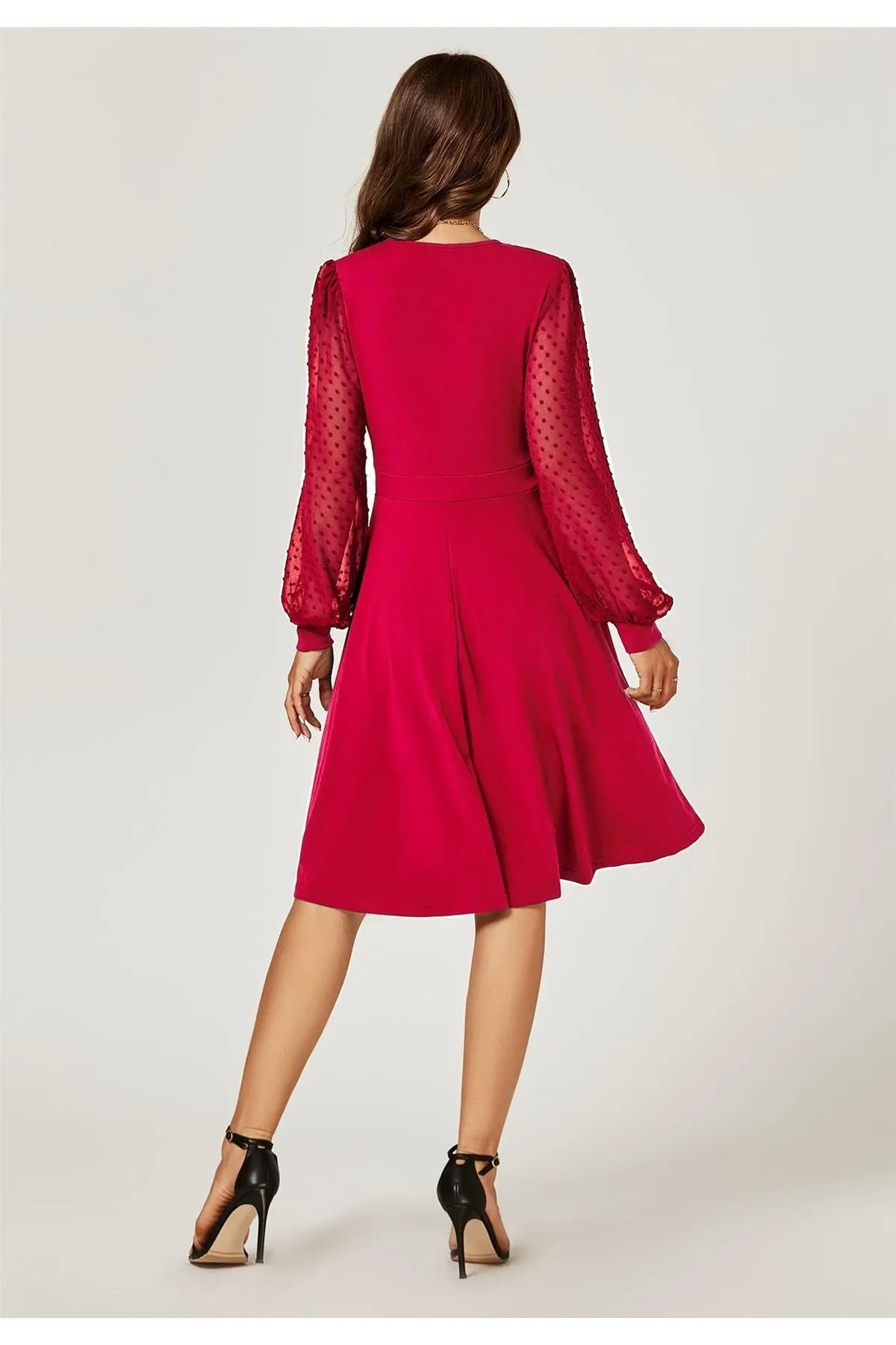 FS Collection Long Chiffon Sleeve Pleated Midi Dress In Wine