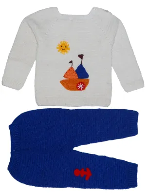 Graceful Handmade Design Full Sleeve Sweater Set With Pant For Baby Boy- White & Blue