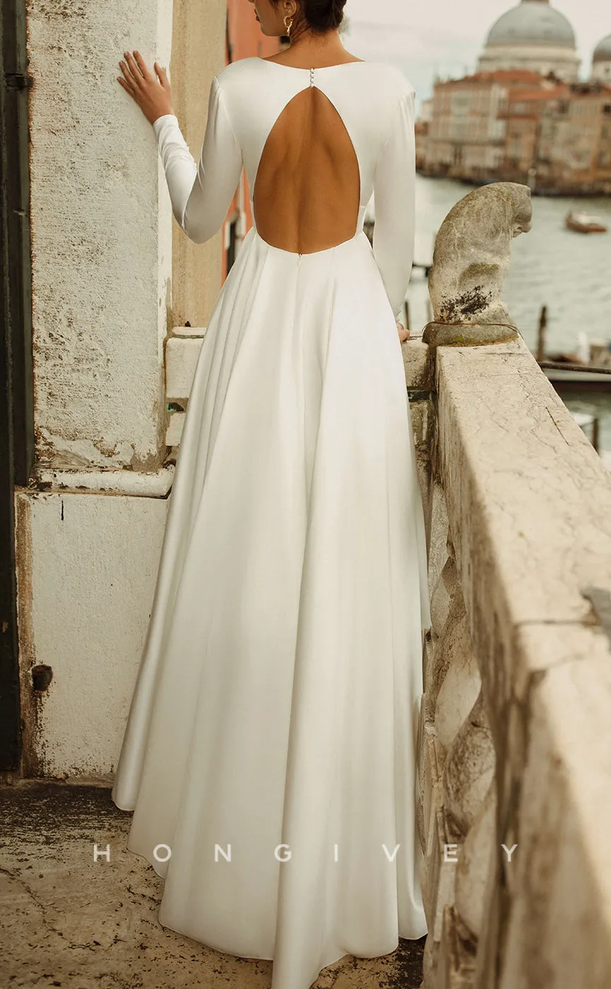 H1265 - Sexy Satin A-Line Scoop Long Sleeve Empire Belt Backless With Side Slit Wedding Dress