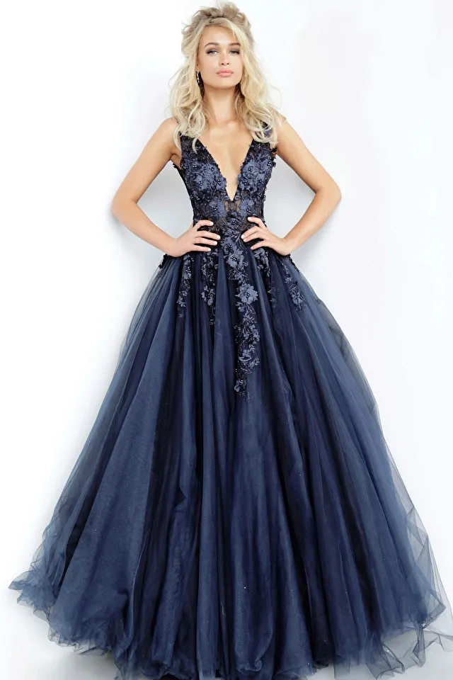 Jovani - 55634 - Tulle Ballgown with Floral Appliques