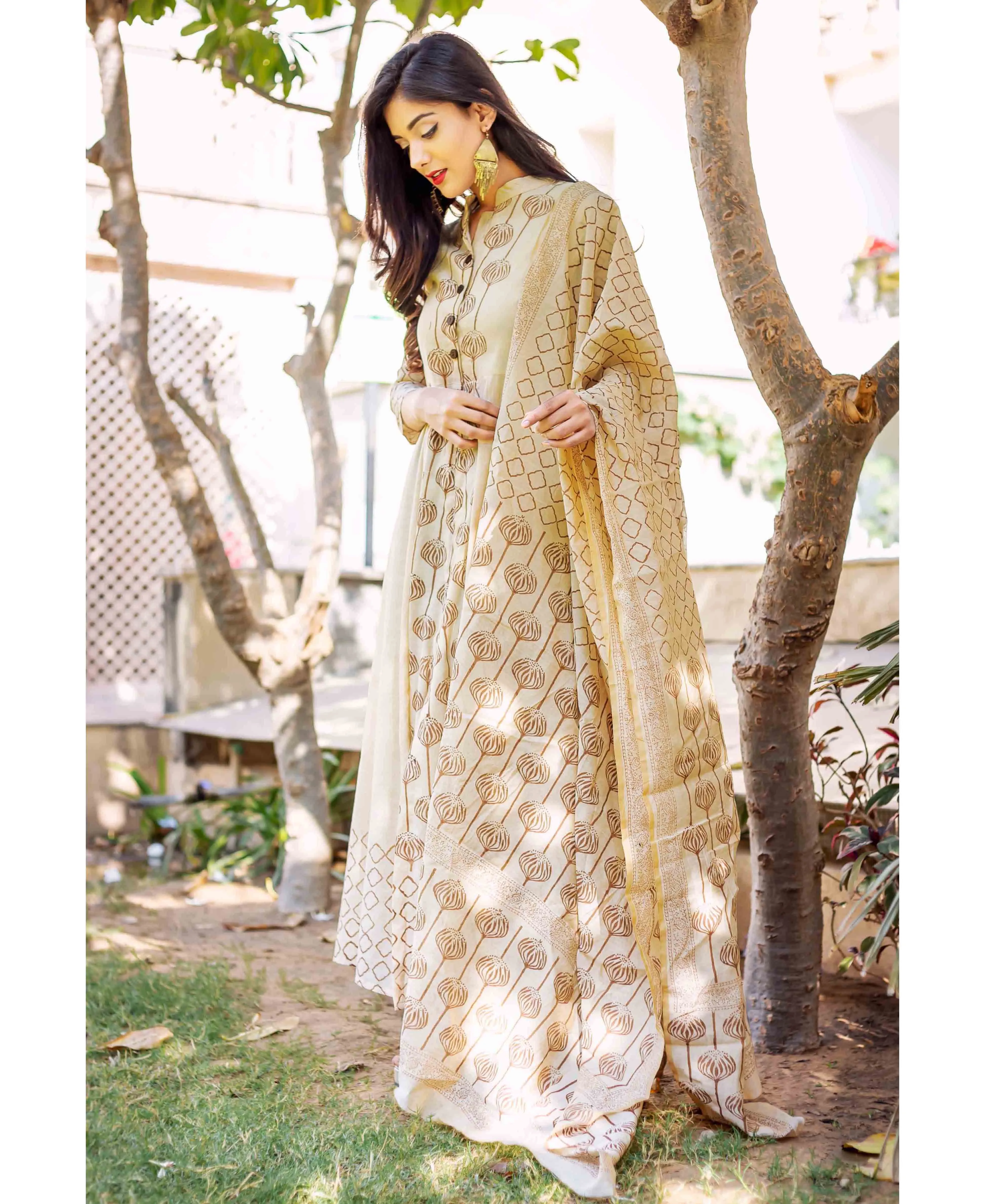 Kayra Beige and Brown Placement Printed Dress