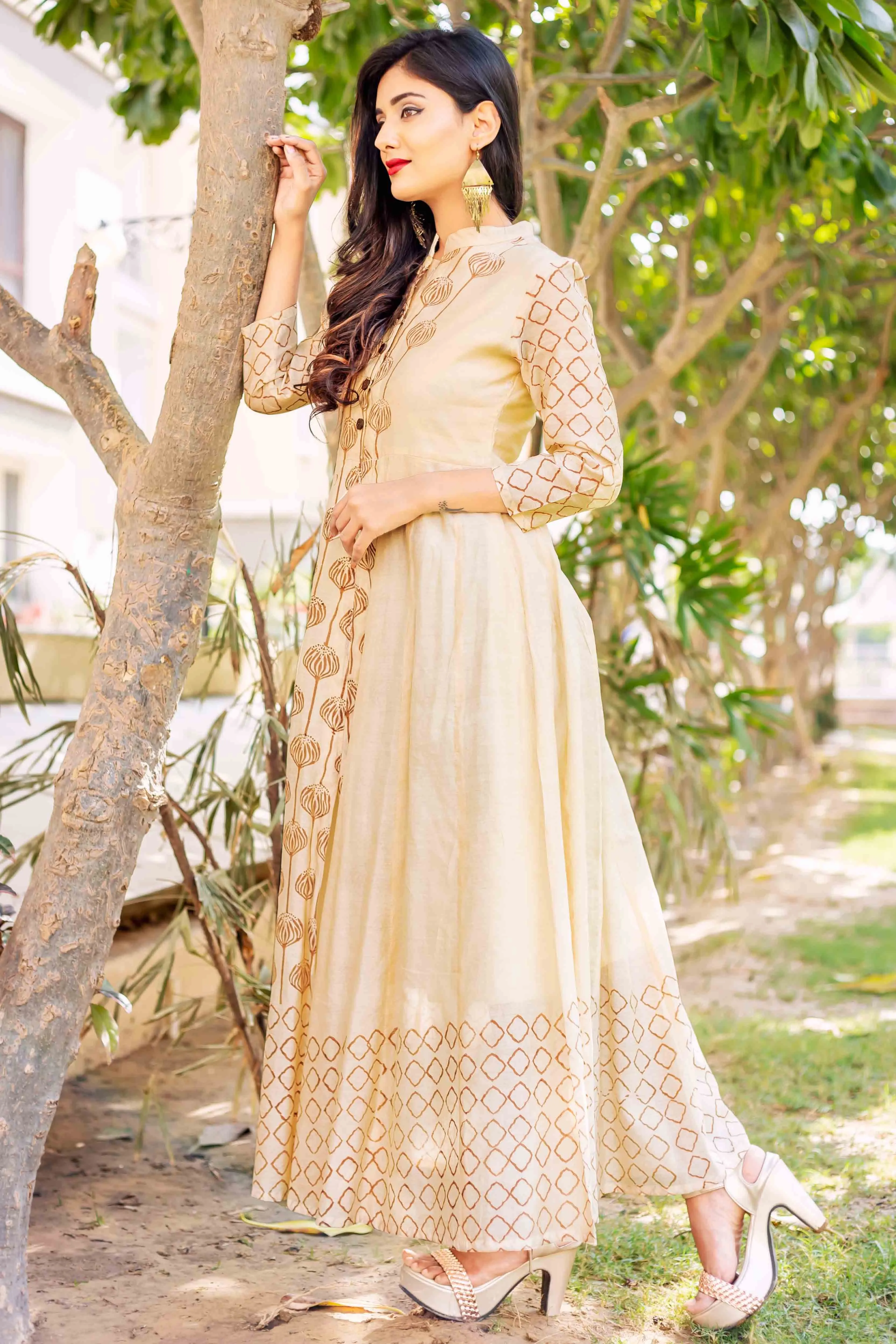 Kayra Beige and Brown Placement Printed Dress