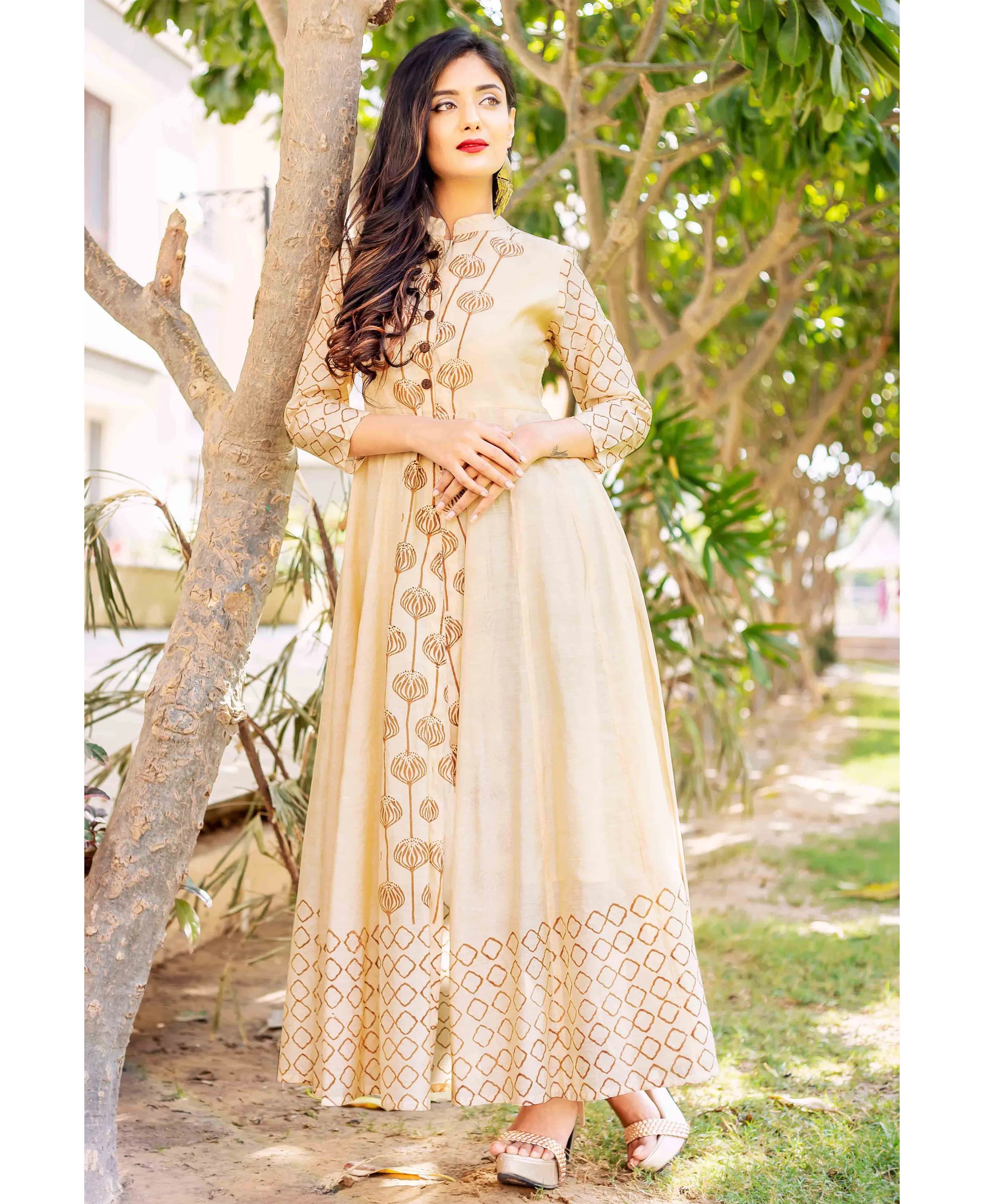 Kayra Beige and Brown Placement Printed Dress