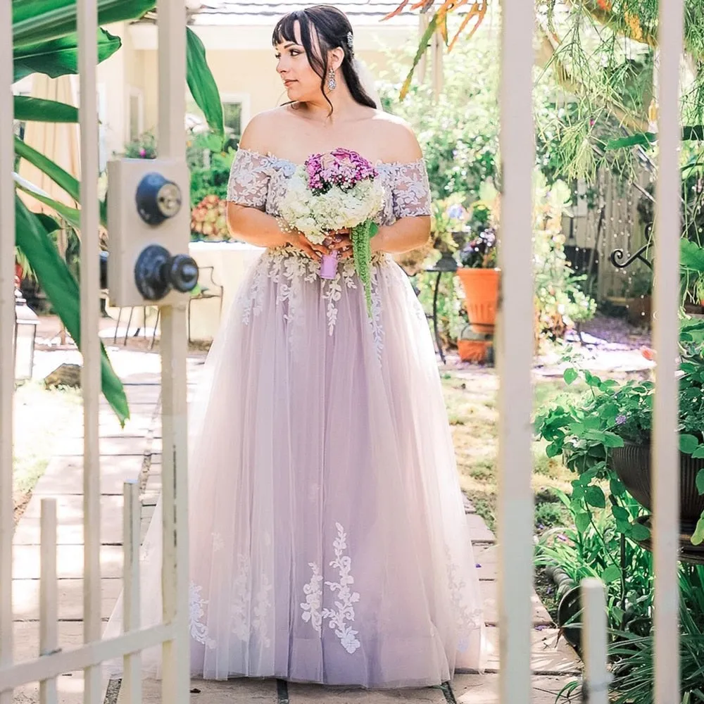 Lace Tulle Off Shoulder A Line Wedding Bridal Gown