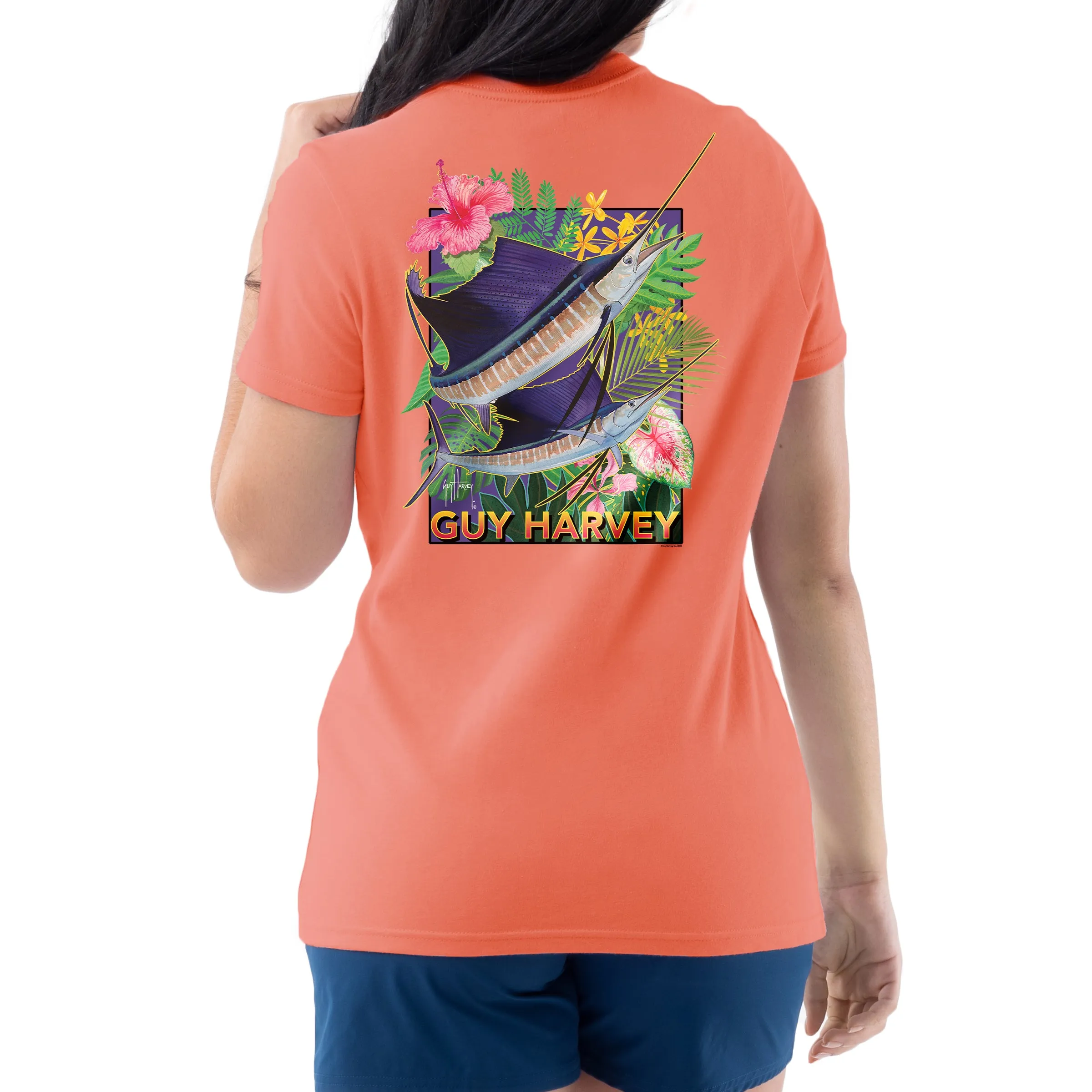 Ladies Floral Sailfish Short Sleeve Crew Neck T-Shirt