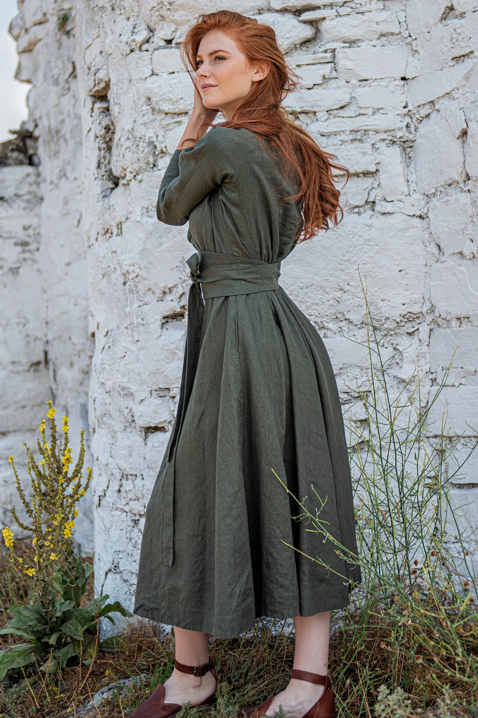 Linen Midi Dress with Tie Belt