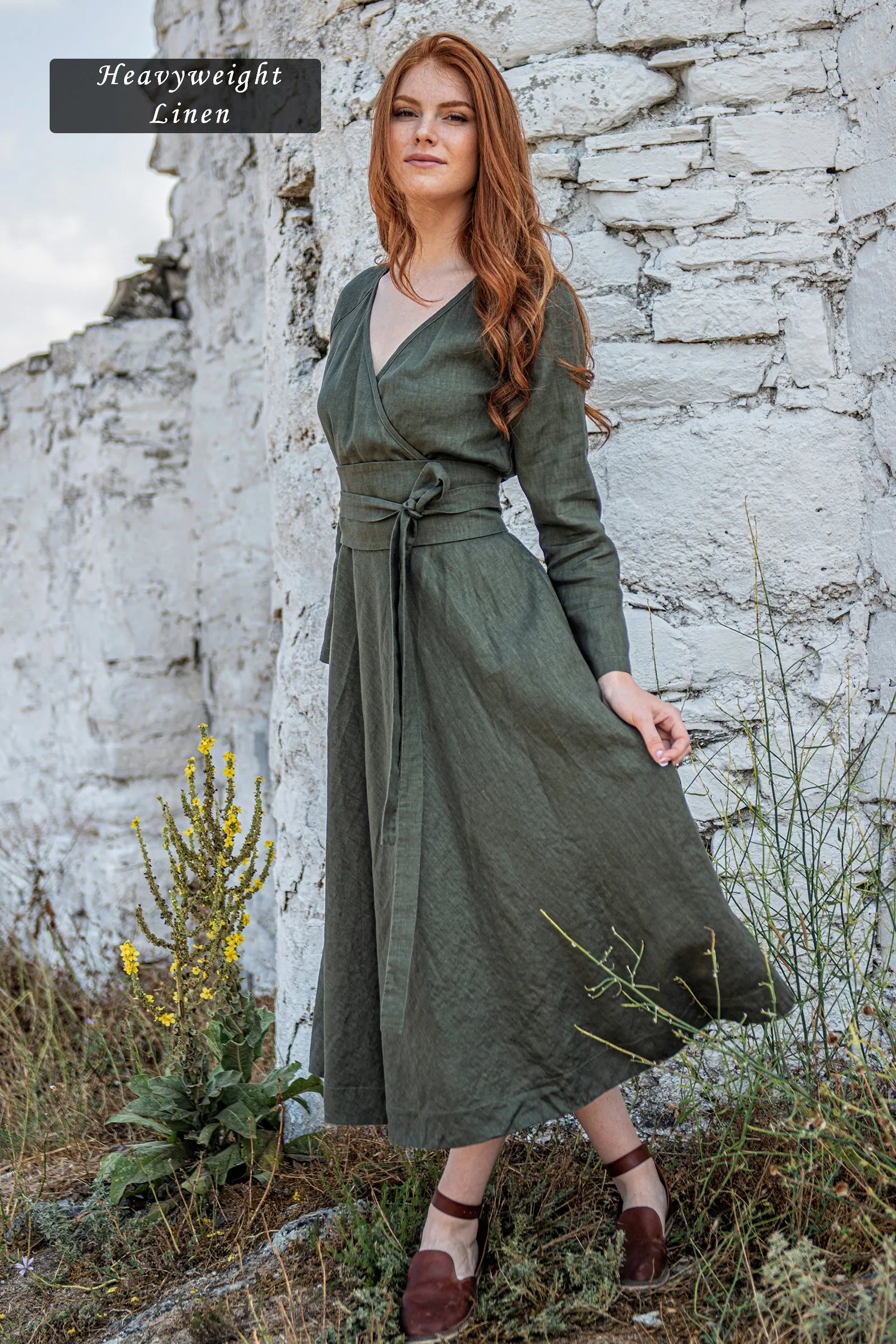 Linen Midi Dress with Tie Belt