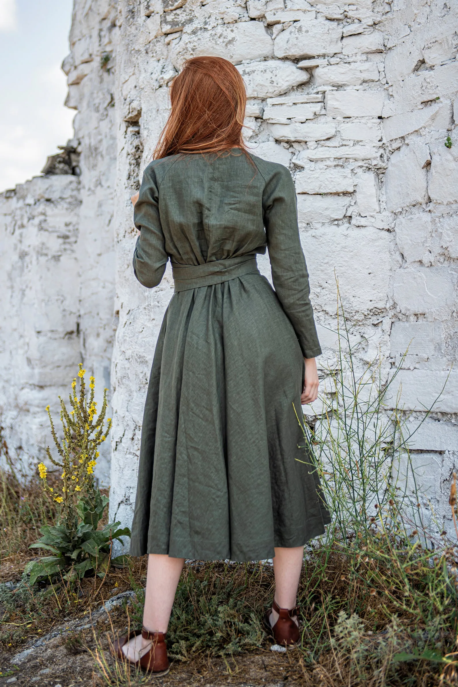 Linen Midi Dress with Tie Belt