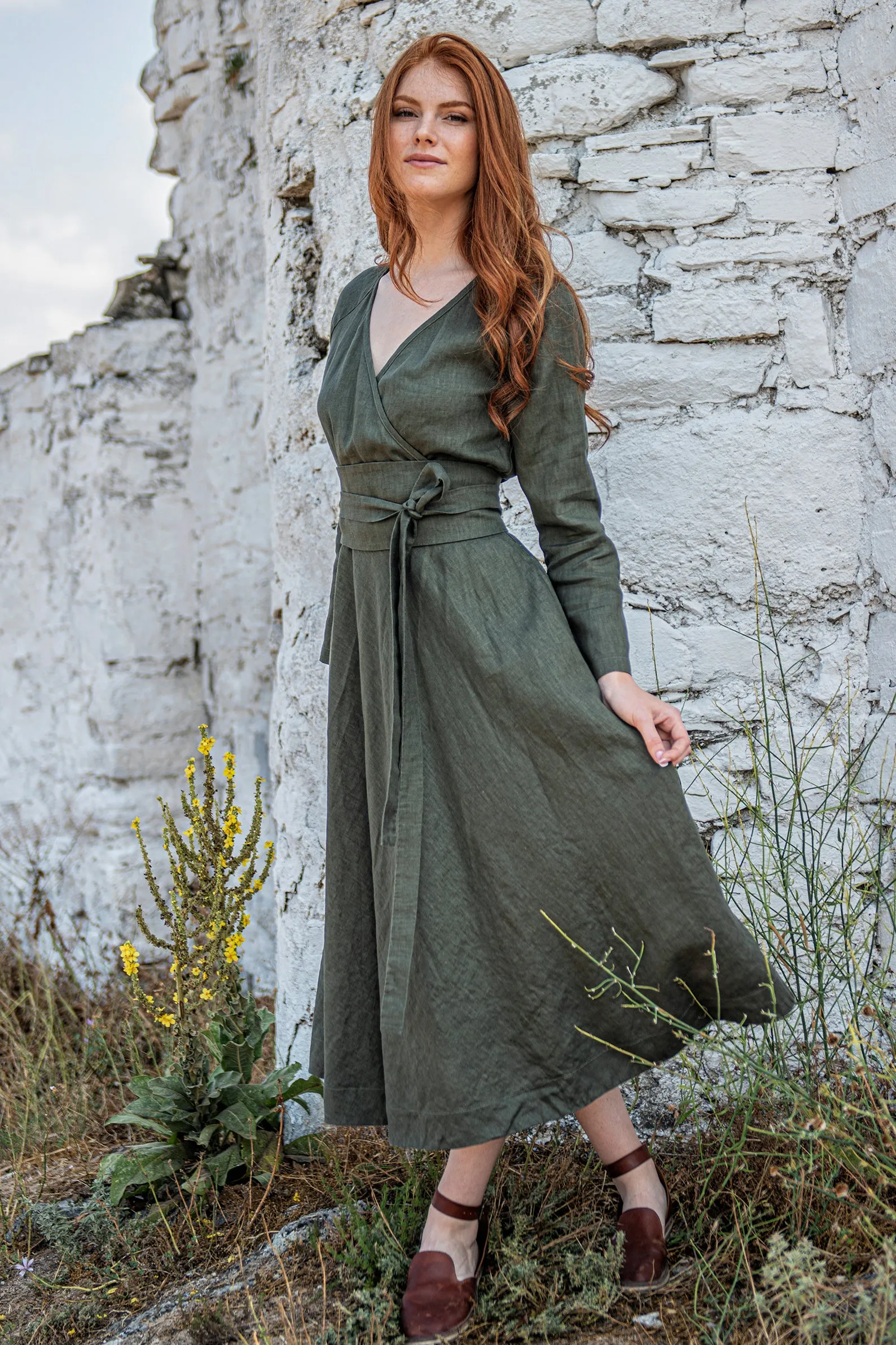 Linen Midi Dress with Tie Belt