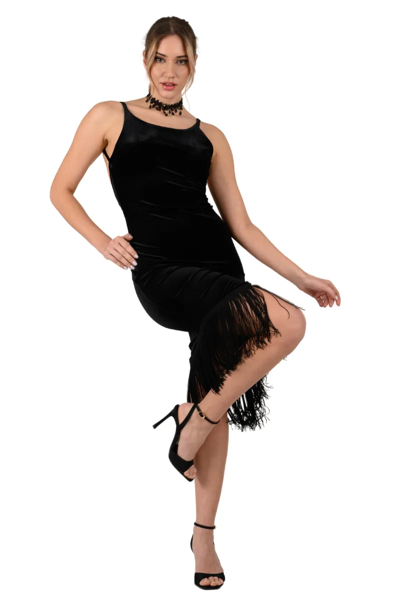 Low Back Velvet Dress With Fringed Hem