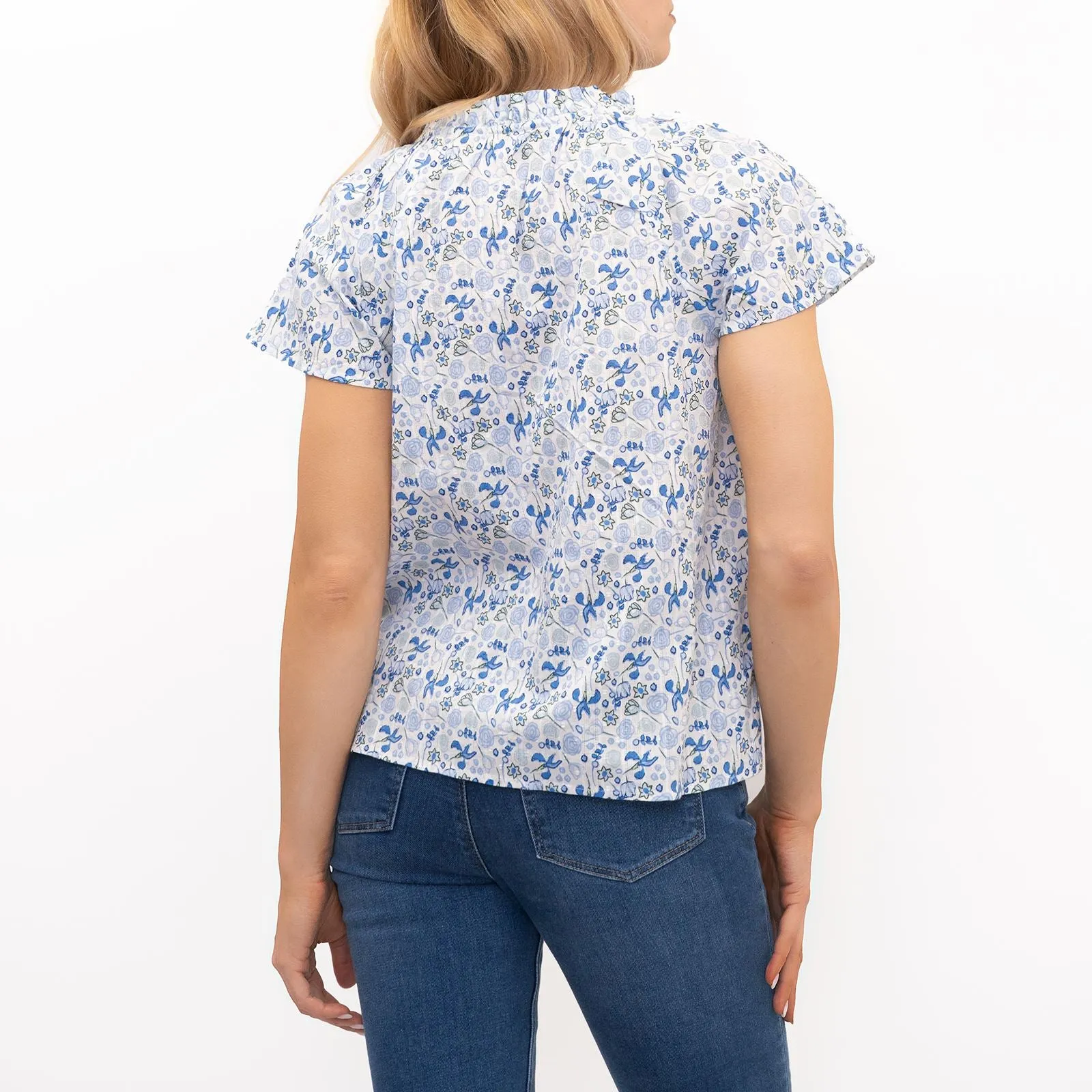 M&S Blue Floral Lightweight Textured Blouse Short Sleeve Tie Neck Tops