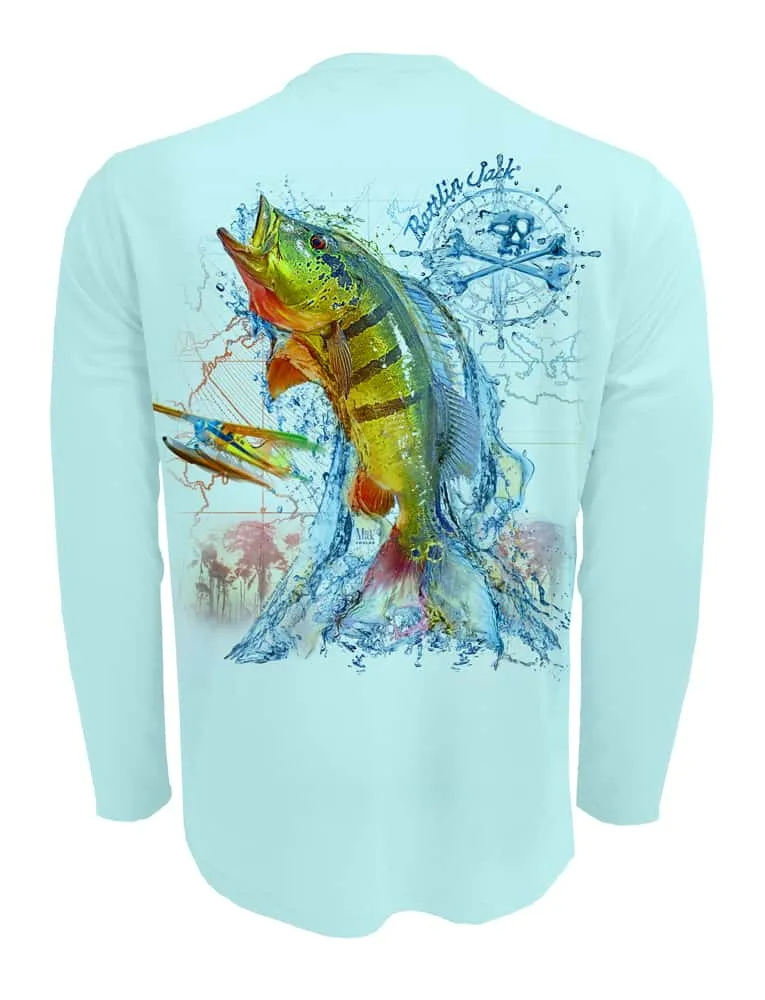 Men's Peacock Bass Fishing Shirt | UPF 50 by Rattlin Jack | Long Sleeve | UV Sun Protection | Performance Polyester Rash Guard |