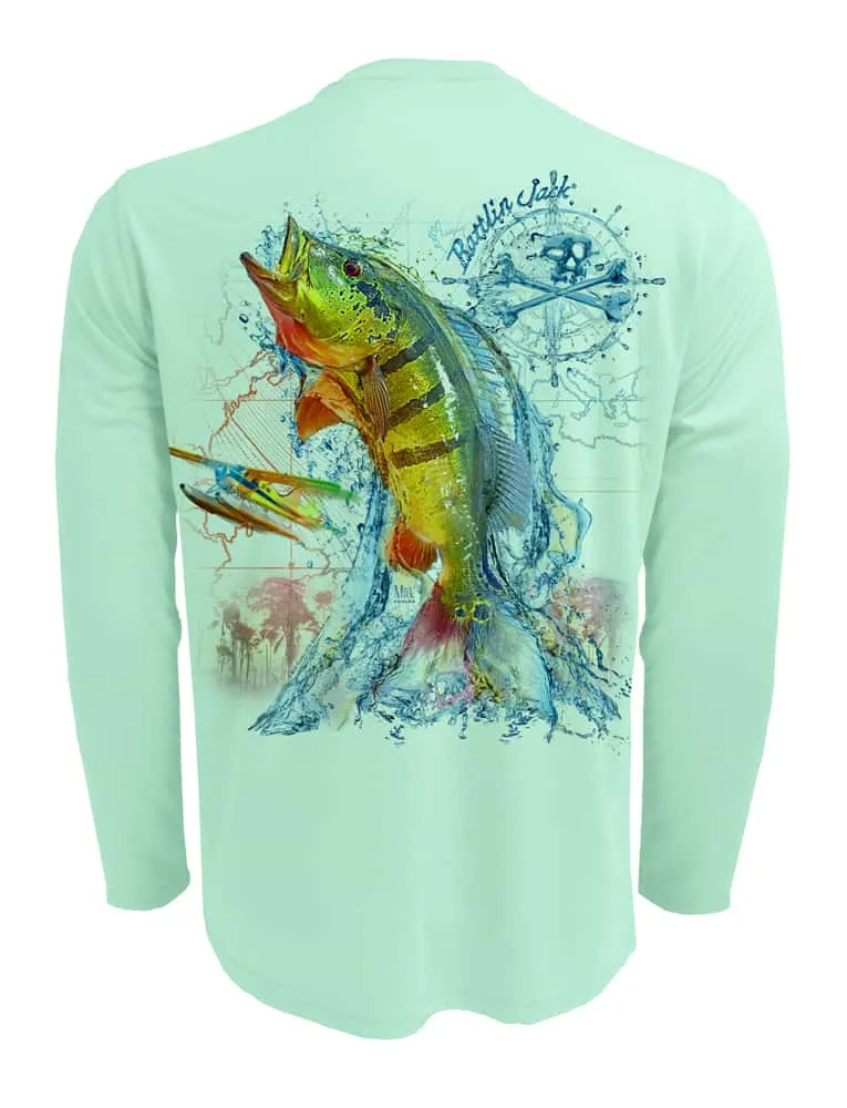 Men's Peacock Bass Fishing Shirt | UPF 50 by Rattlin Jack | Long Sleeve | UV Sun Protection | Performance Polyester Rash Guard |