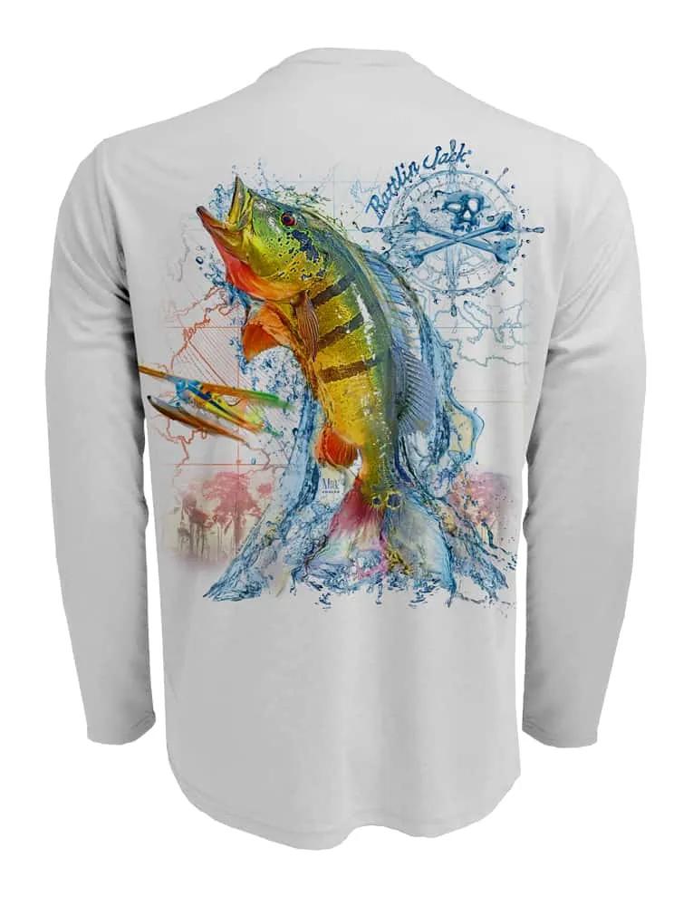 Men's Peacock Bass Fishing Shirt | UPF 50 by Rattlin Jack | Long Sleeve | UV Sun Protection | Performance Polyester Rash Guard |