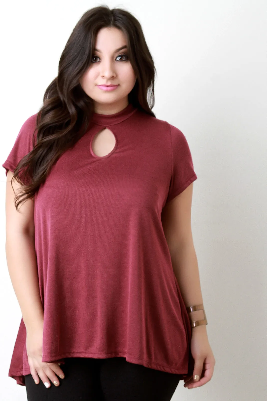 Mock Neck Keyhole Flowing Hem Tee