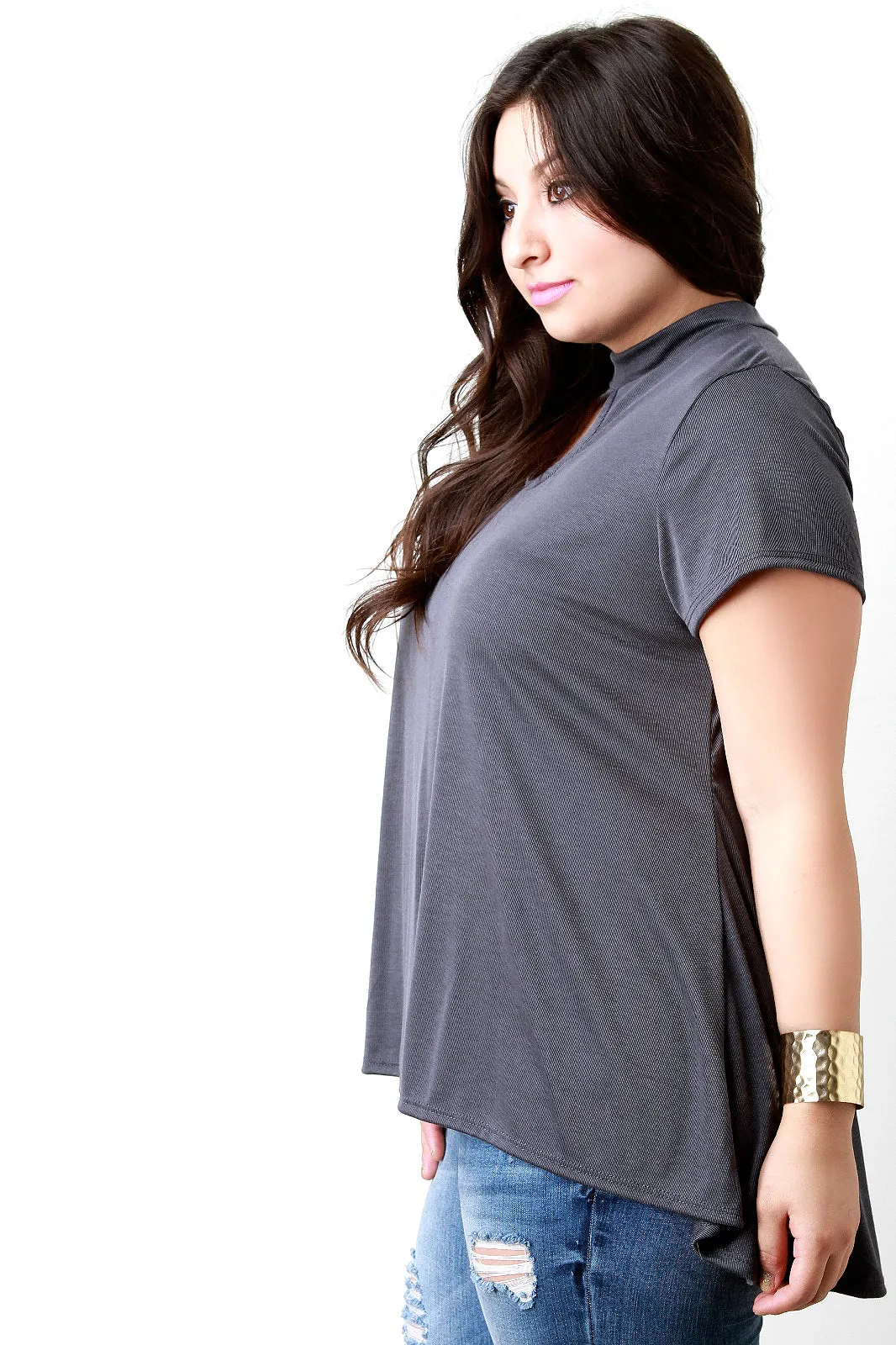 Mock Neck Keyhole Flowing Hem Tee