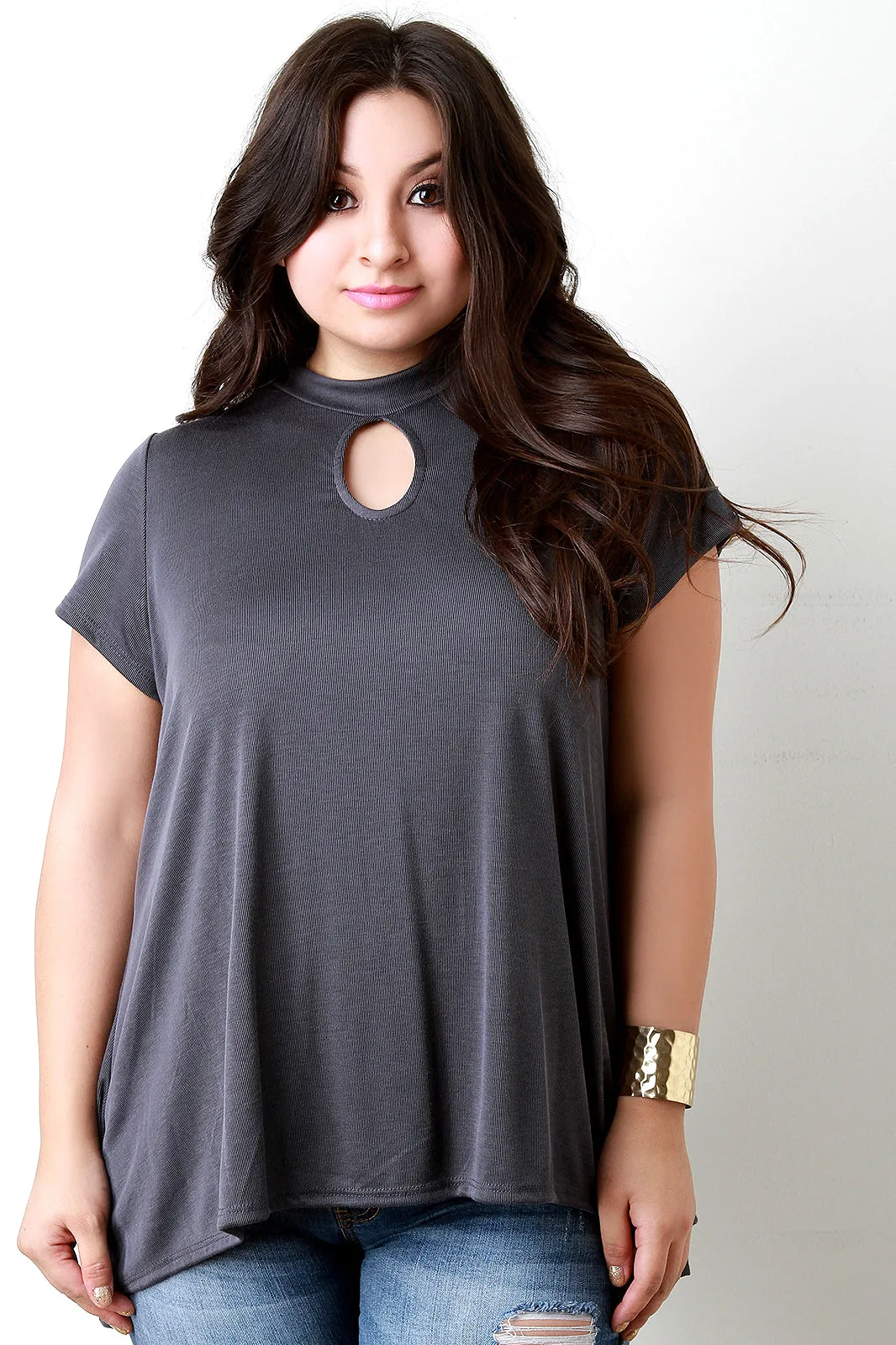 Mock Neck Keyhole Flowing Hem Tee