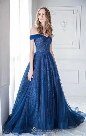 Off Shoulder Sleeve Sparkle Navy Blue Prom Dress