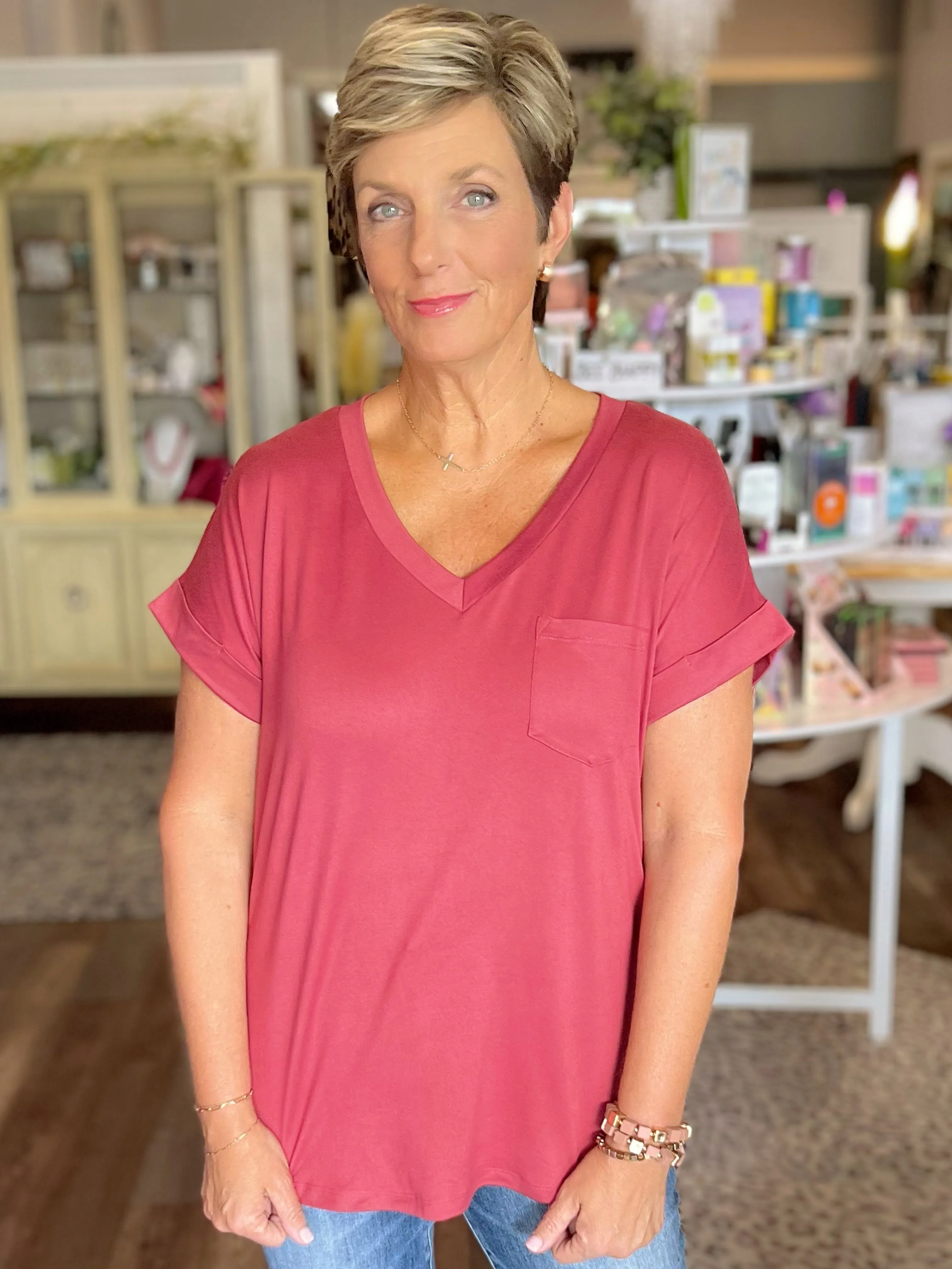 Oh So Soft V-Neck Top in Marsala