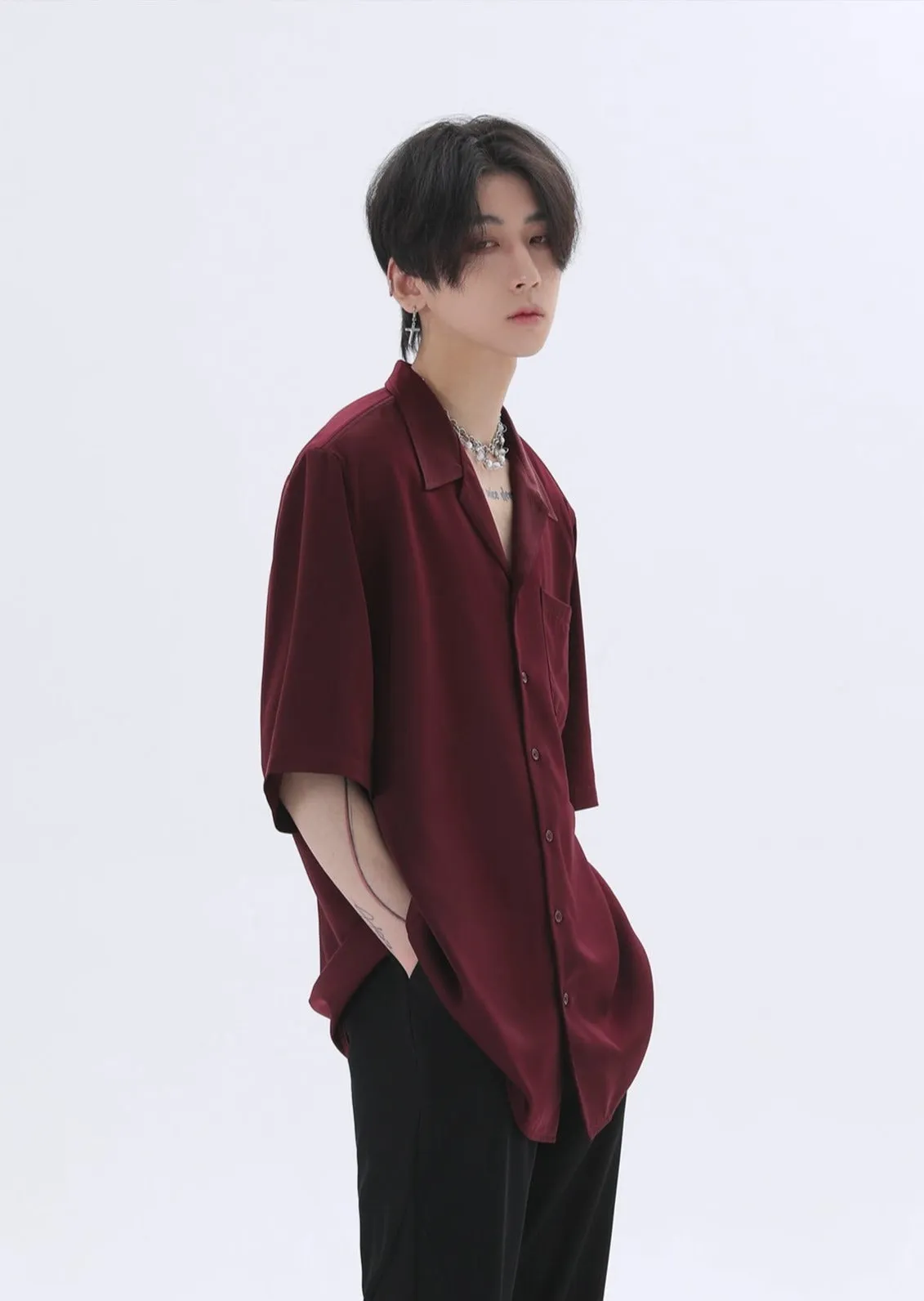 Oversized Silk Short Sleeve Shoulder-Padded Shirt