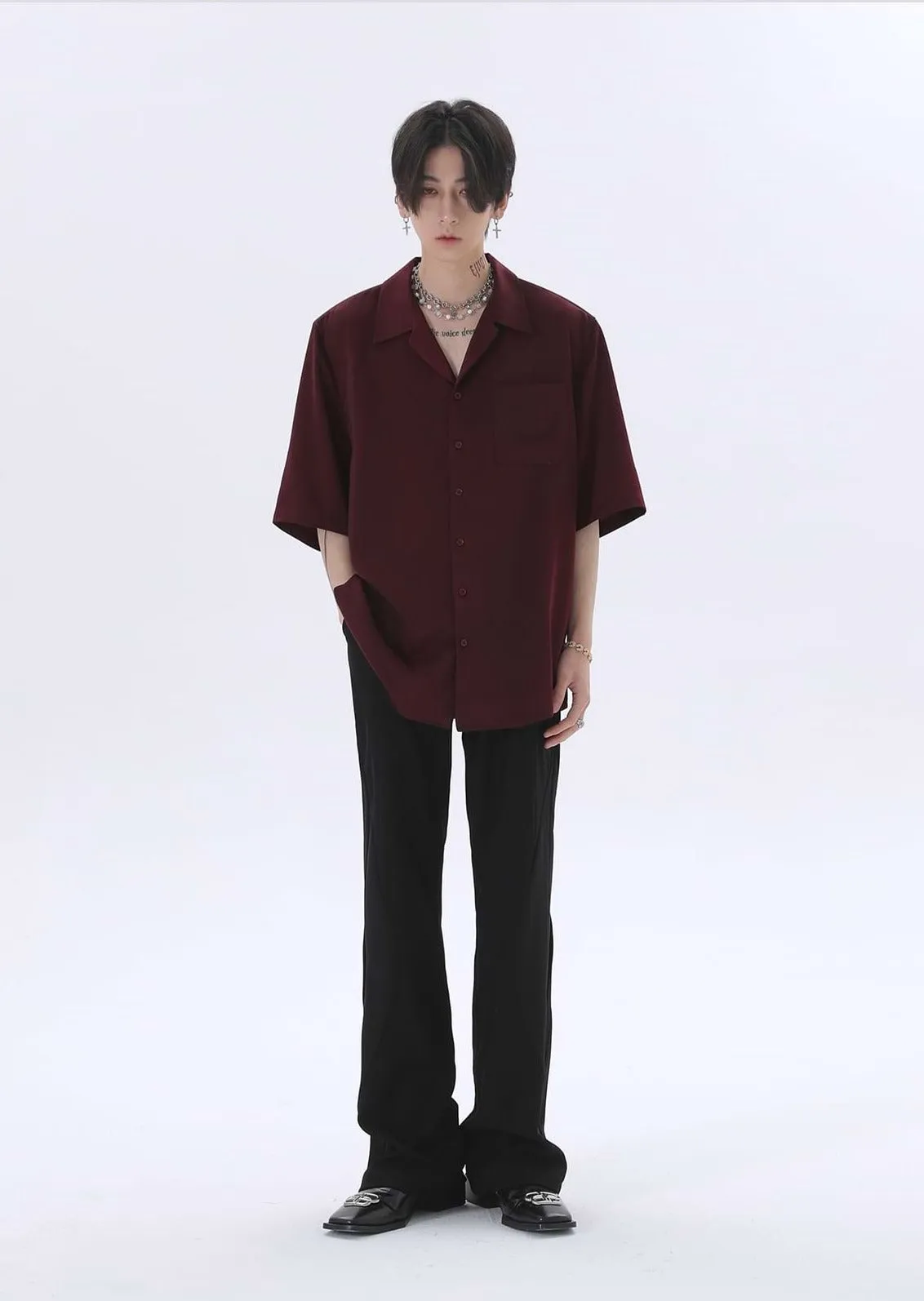 Oversized Silk Short Sleeve Shoulder-Padded Shirt