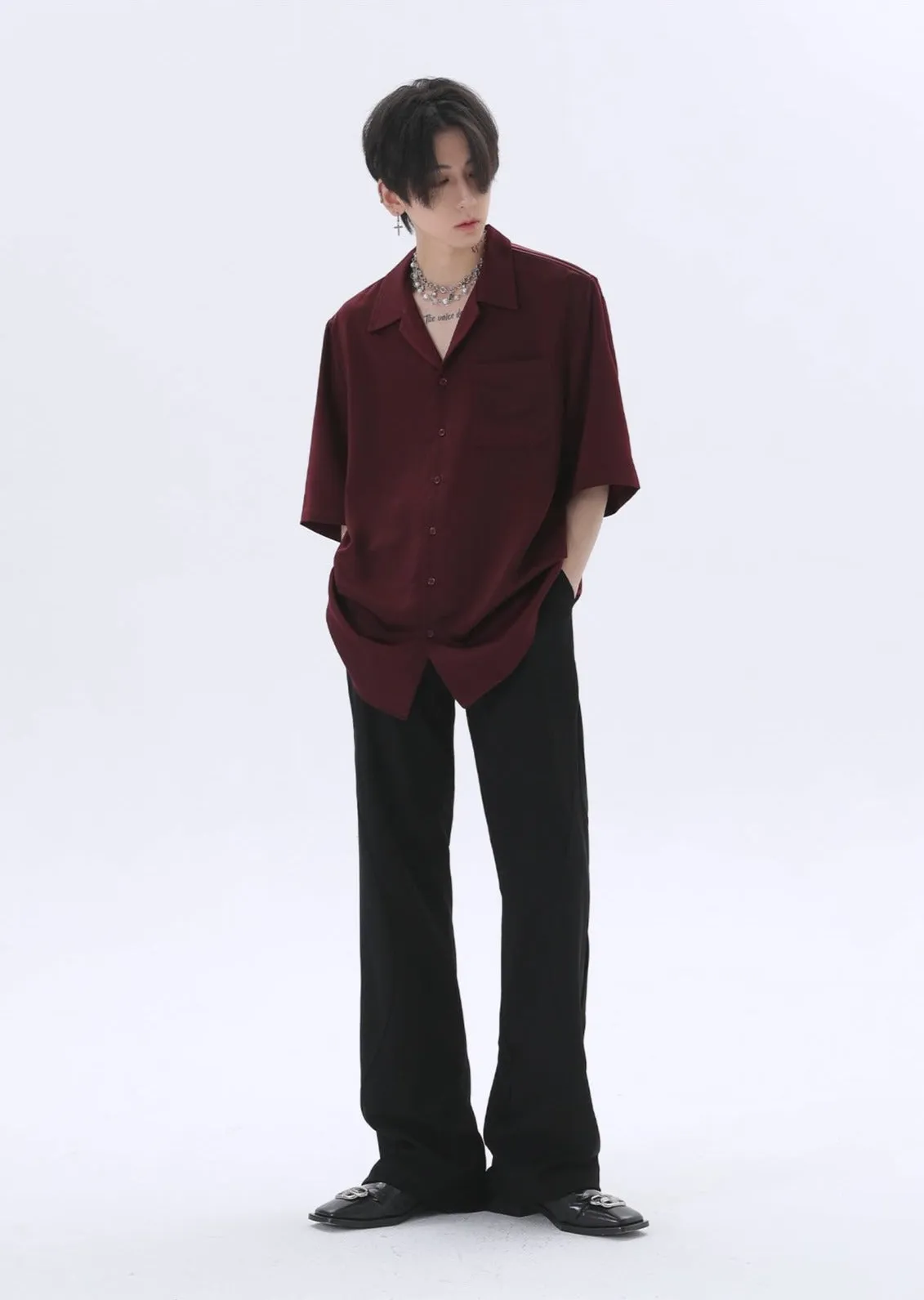 Oversized Silk Short Sleeve Shoulder-Padded Shirt