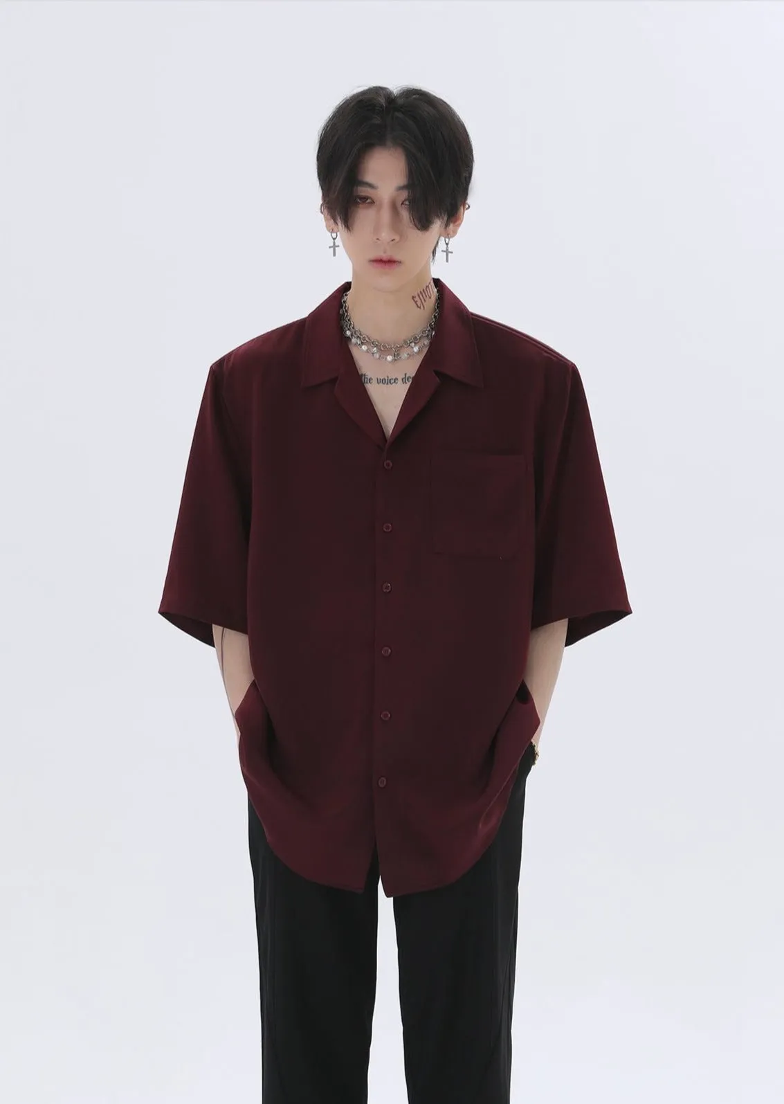 Oversized Silk Short Sleeve Shoulder-Padded Shirt