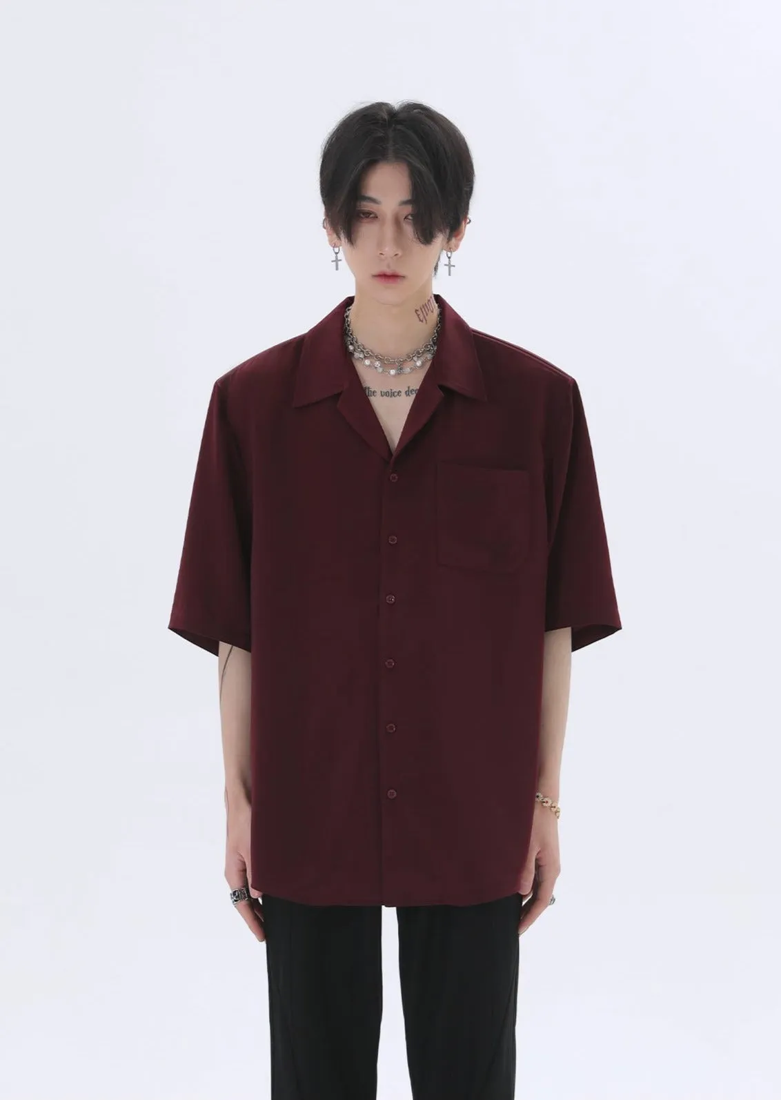 Oversized Silk Short Sleeve Shoulder-Padded Shirt