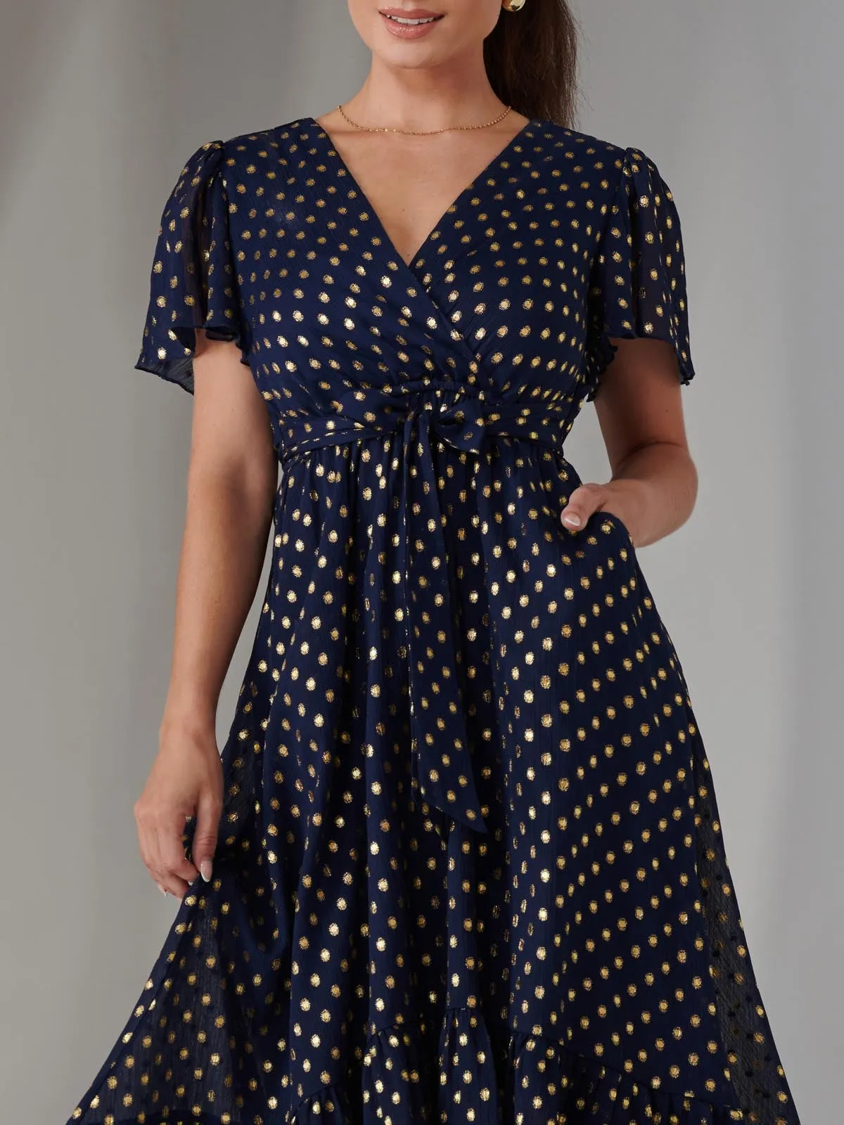 Petite Short Sleeve Midaxi Dress, Navy/Gold