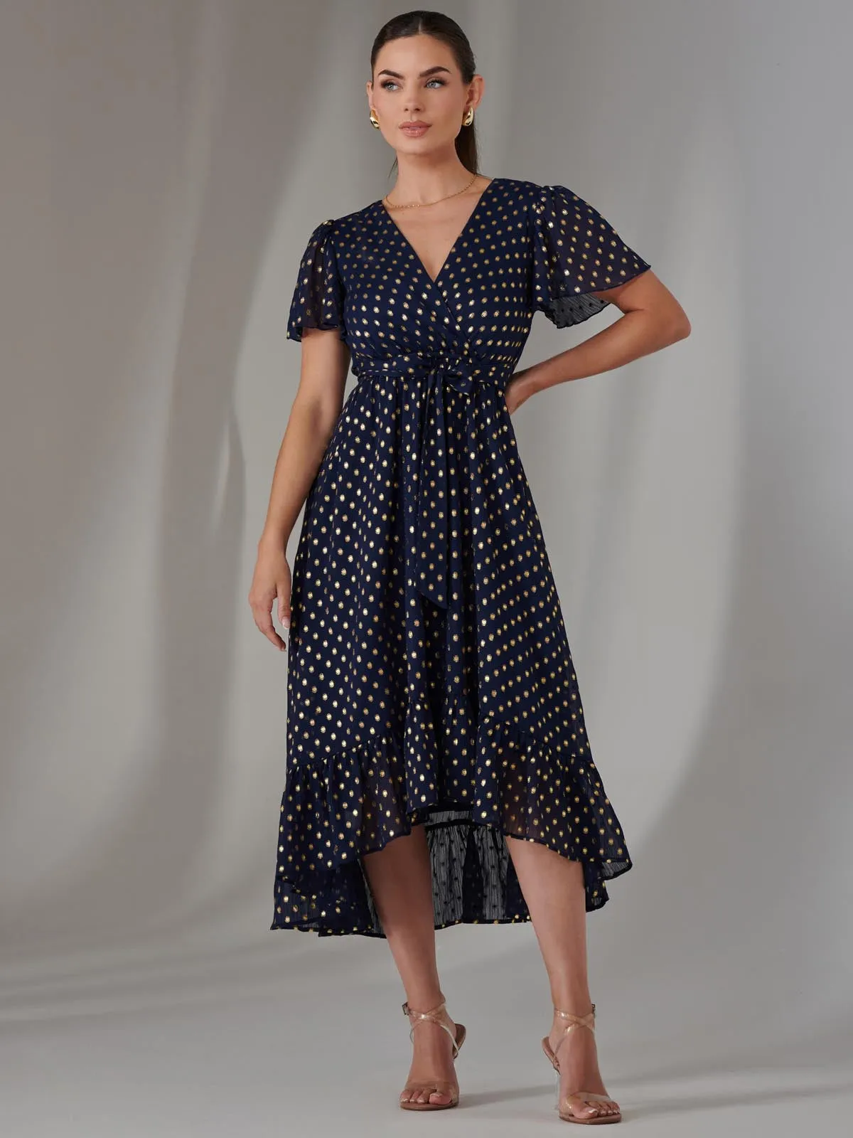 Petite Short Sleeve Midaxi Dress, Navy/Gold