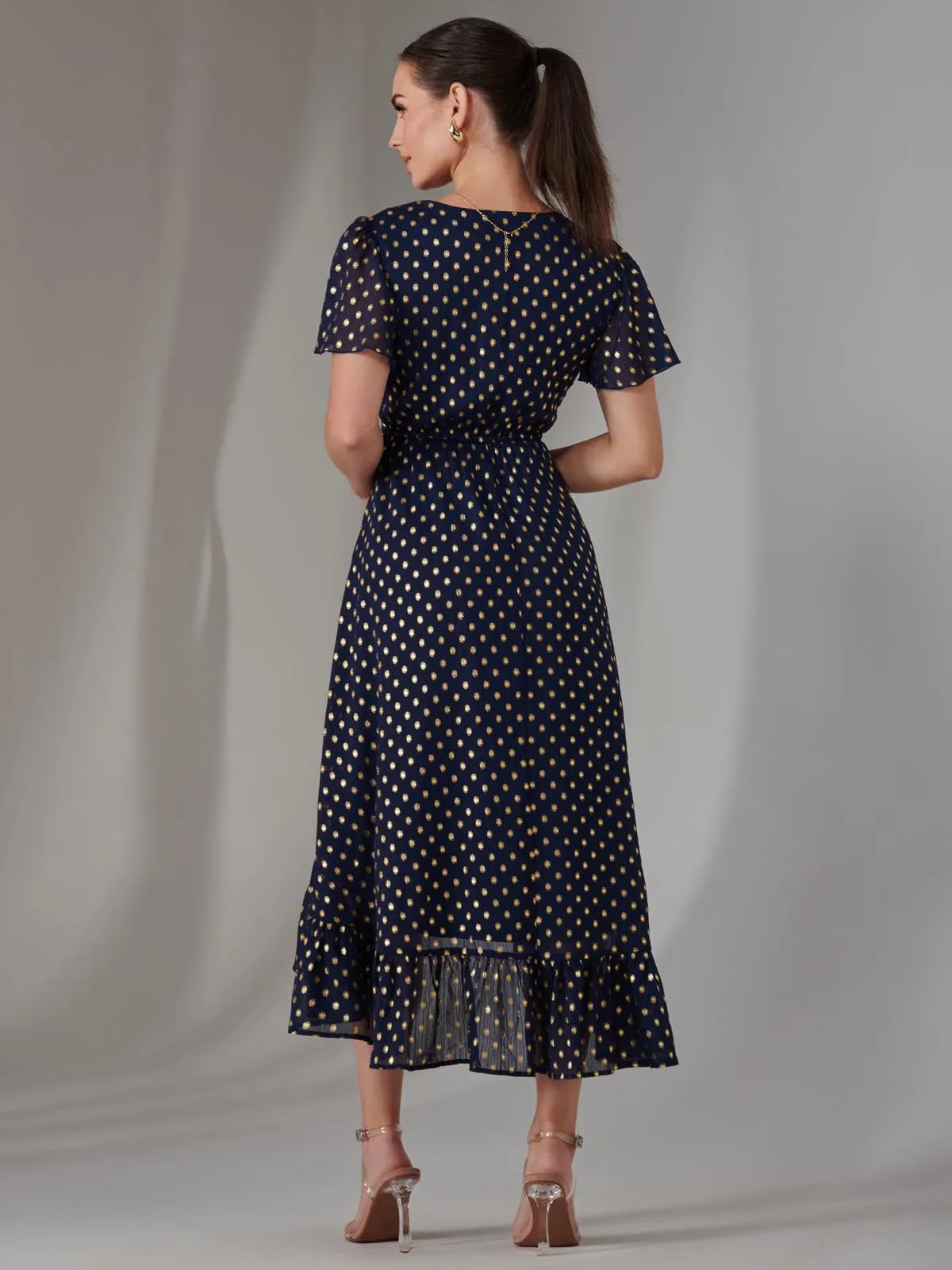 Petite Short Sleeve Midaxi Dress, Navy/Gold