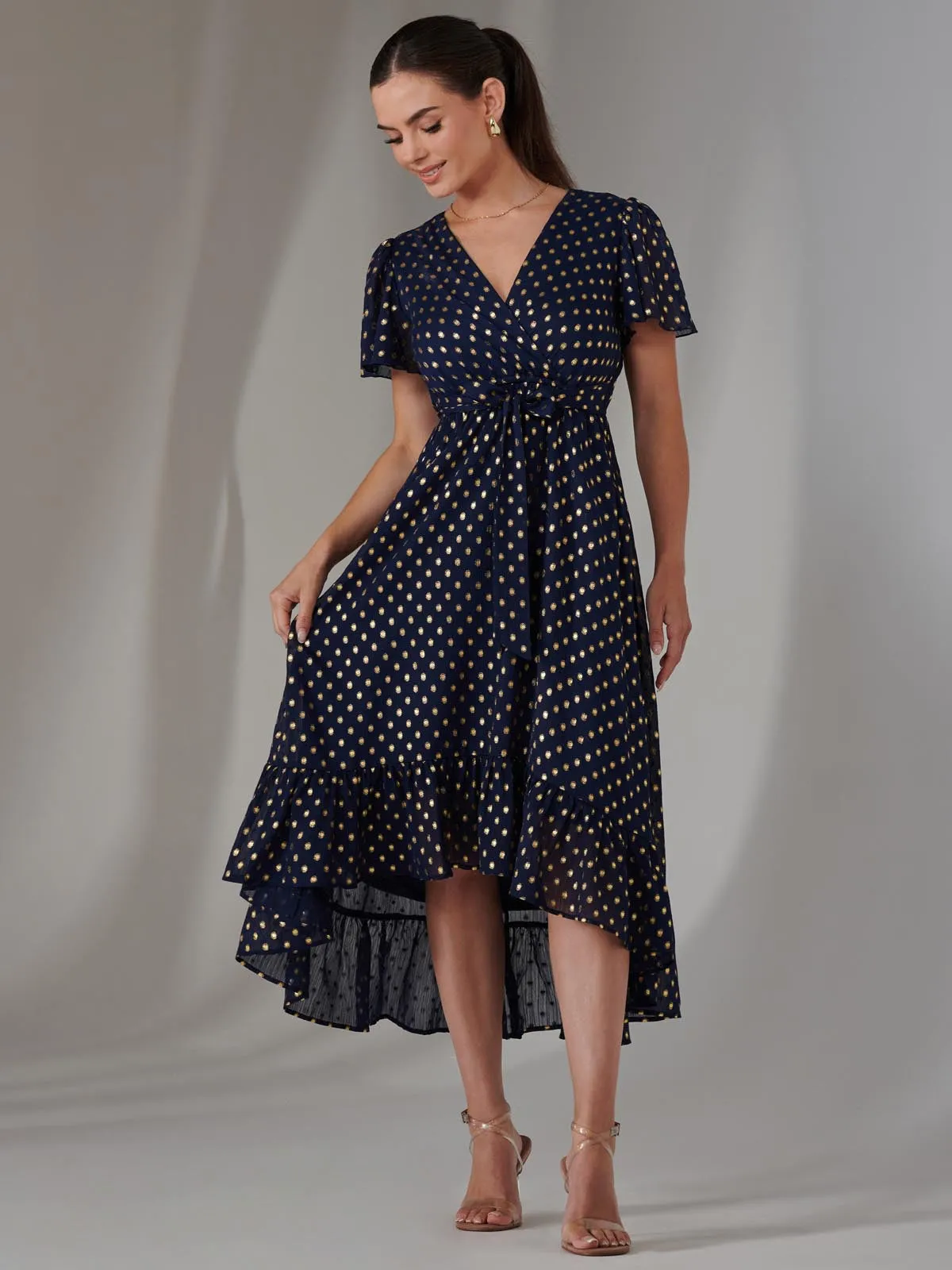 Petite Short Sleeve Midaxi Dress, Navy/Gold