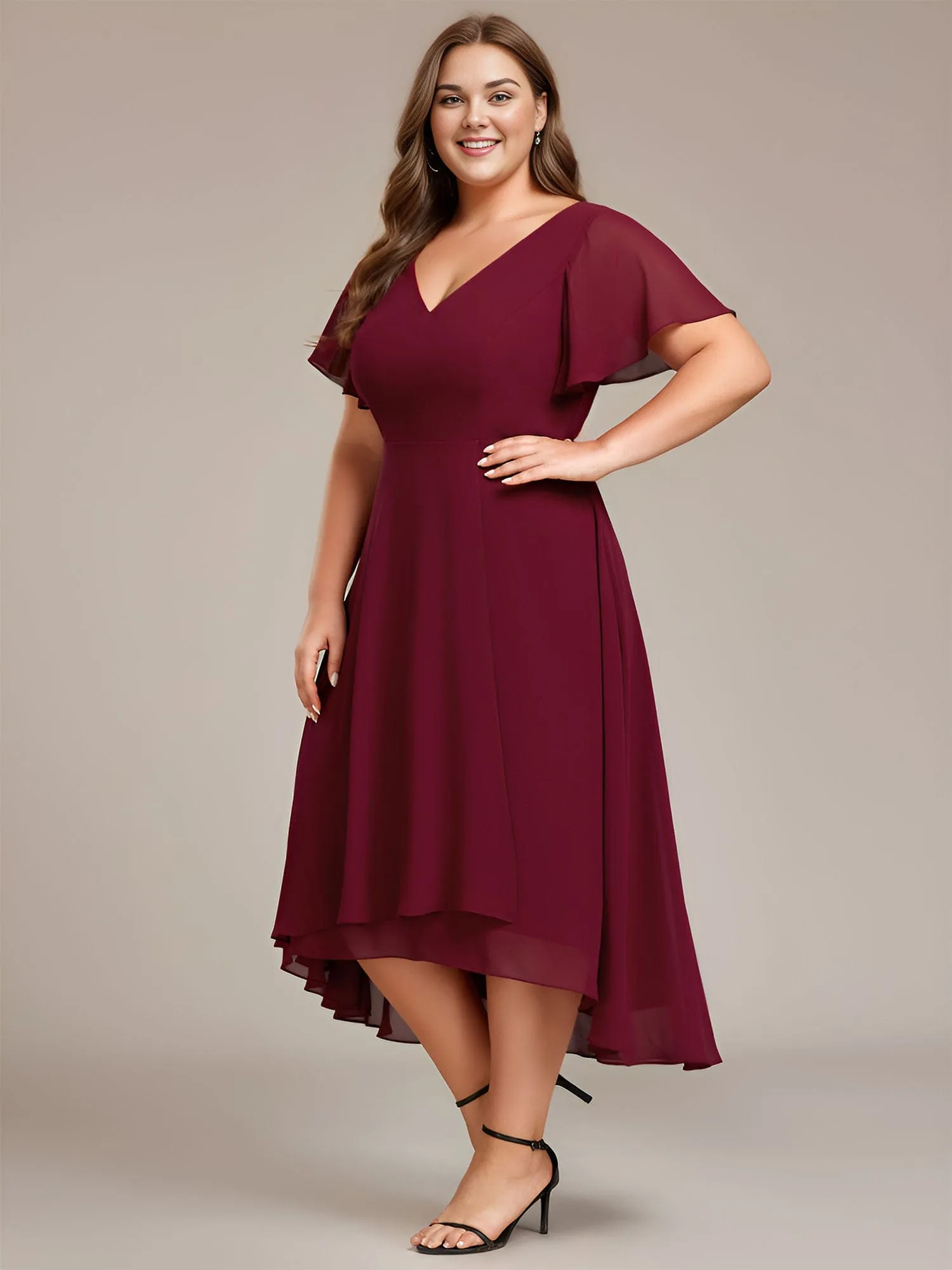 Plus Size Flowing Chiffon V-Neck Ruffle Sleeves Bridesmaid Dress