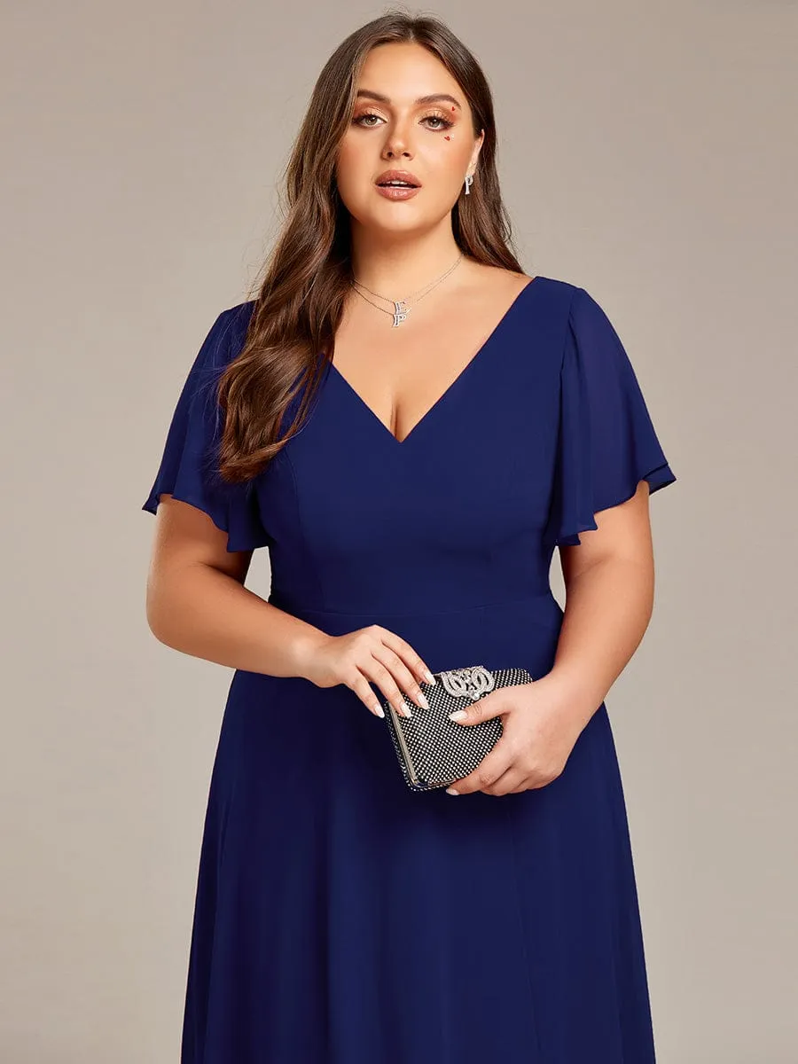 Plus Size Flowing Chiffon V-Neck Ruffle Sleeves Bridesmaid Dress