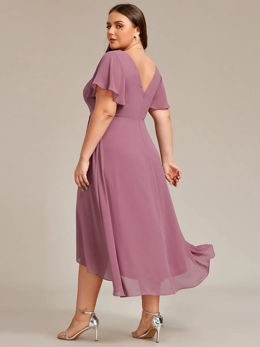 Plus Size Flowing Chiffon V-Neck Ruffle Sleeves Bridesmaid Dress