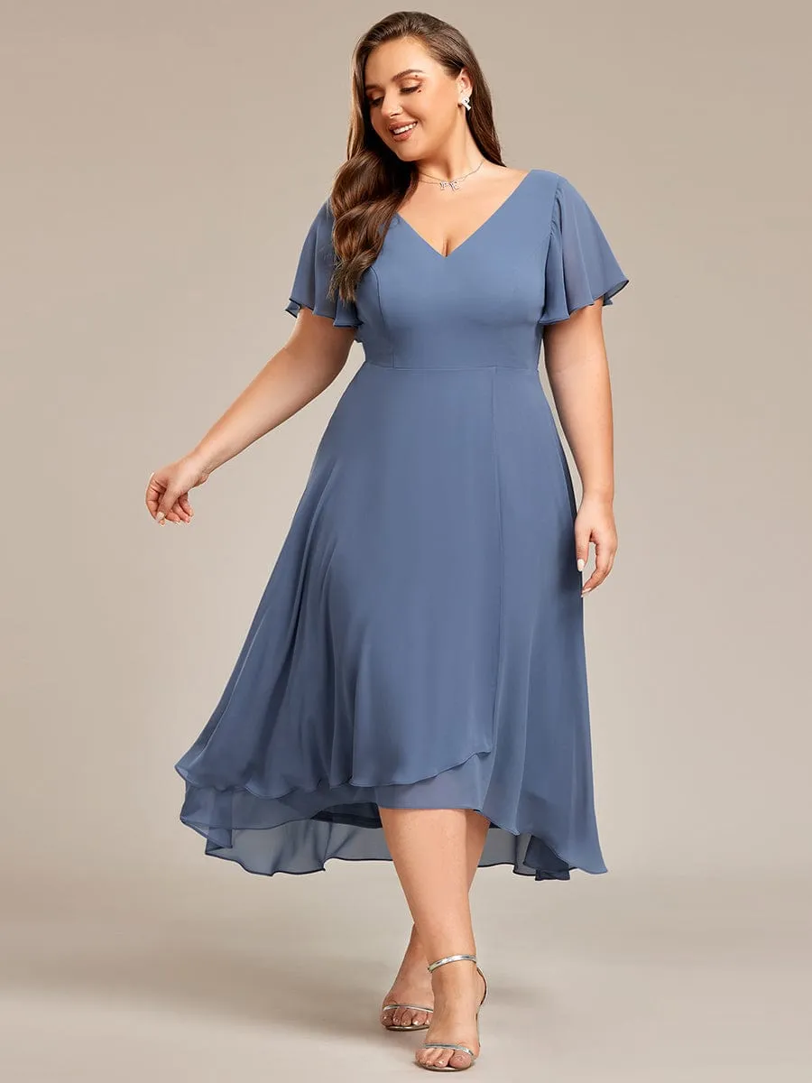 Plus Size Flowing Chiffon V-Neck Ruffle Sleeves Bridesmaid Dress