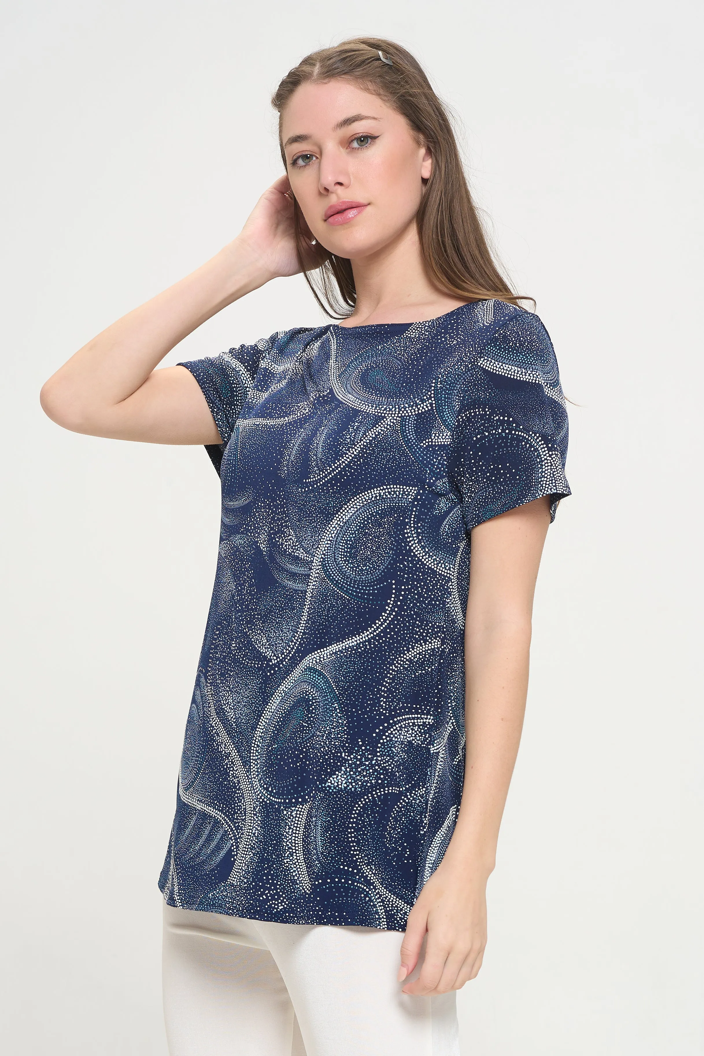 Print Boat Neckline Short Short Sleeve Top-3068HT-SRP1-W411