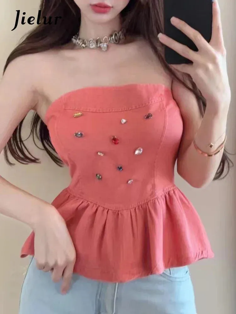 Pure Color Strapless Sexy Denim Women's Camis Pleated Sleeveless Slim Elegant Fashion Female Camis Summer High Street