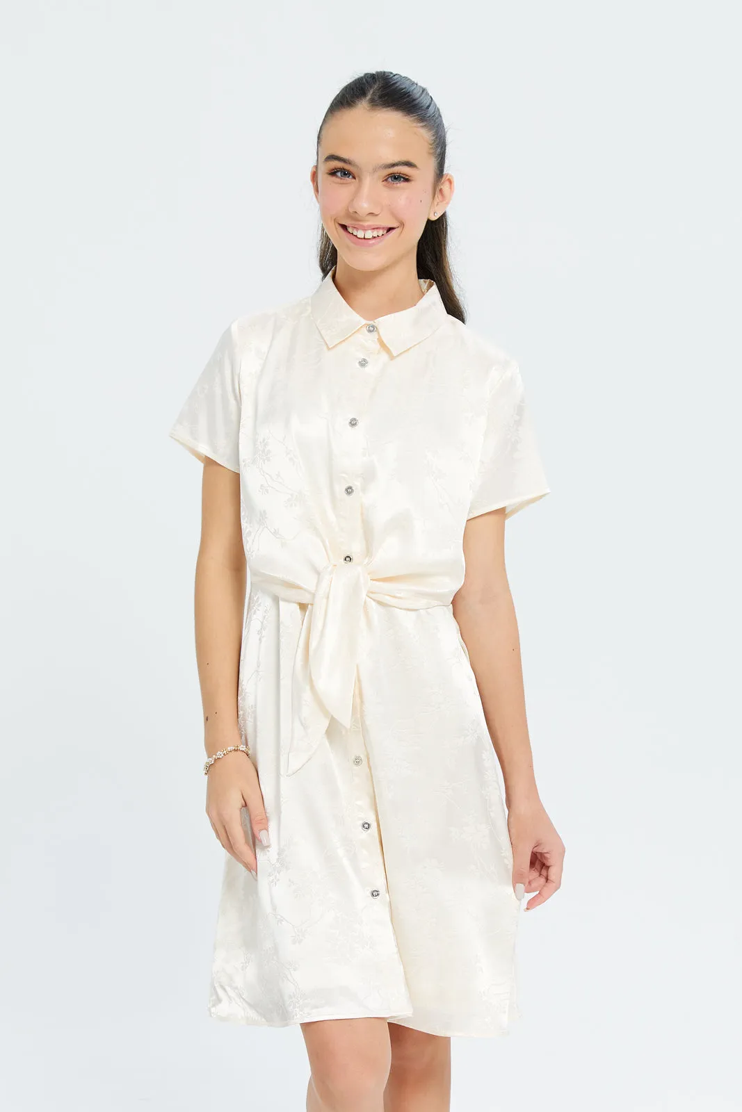 Senior Girls Beige Front Tie Jacquard Dress