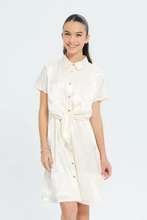 Senior Girls Beige Front Tie Jacquard Dress