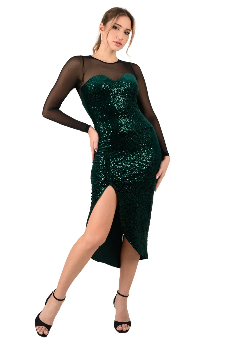 Sequin Dance Dress With Mesh Sleeves