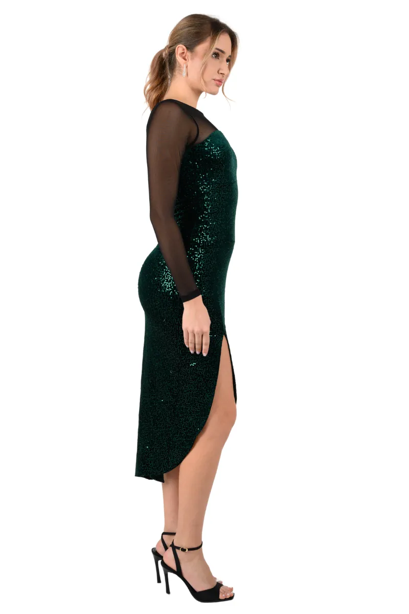 Sequin Dance Dress With Mesh Sleeves