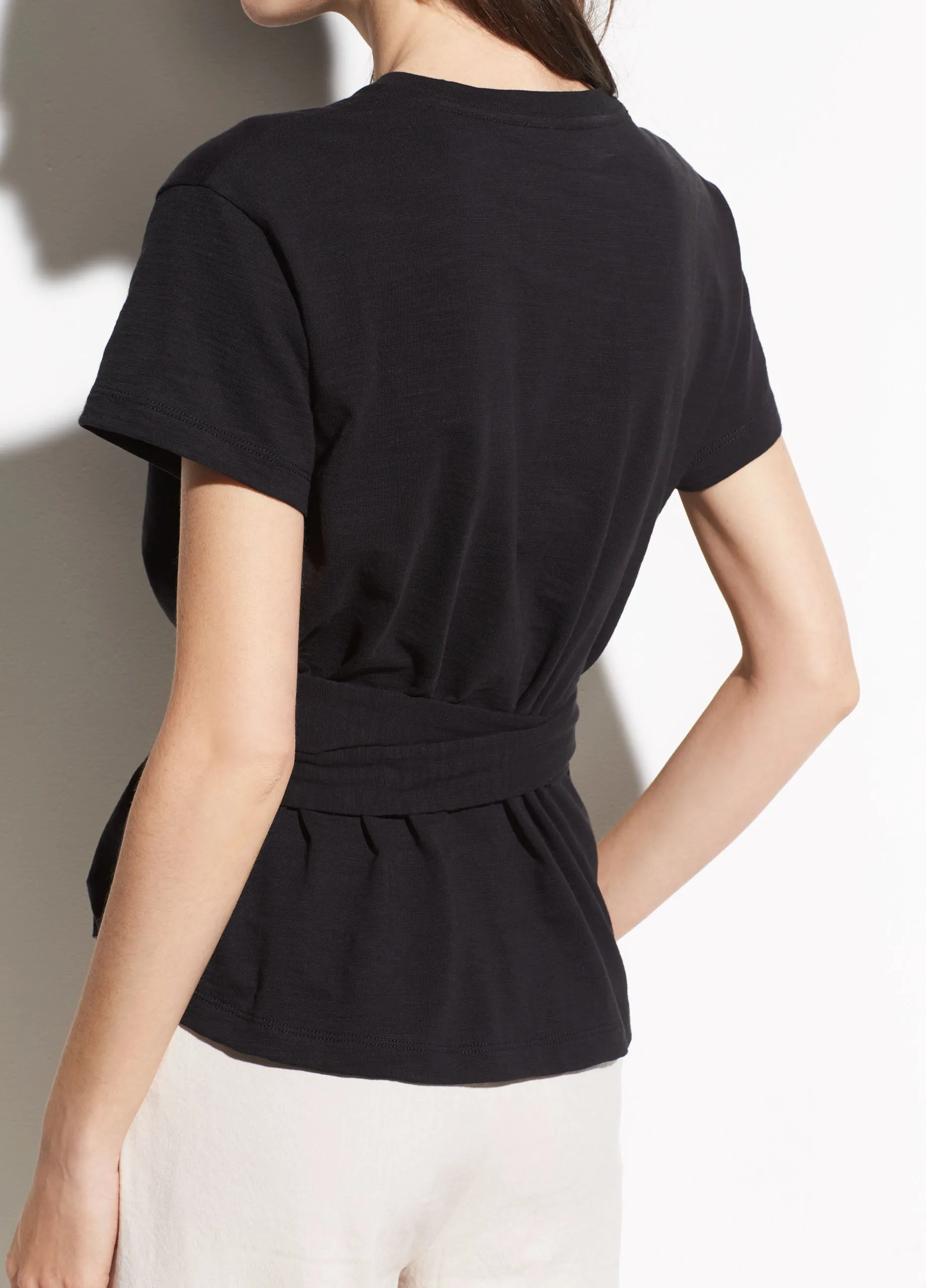 Short Sleeve Cotton Wrap Tee in Black