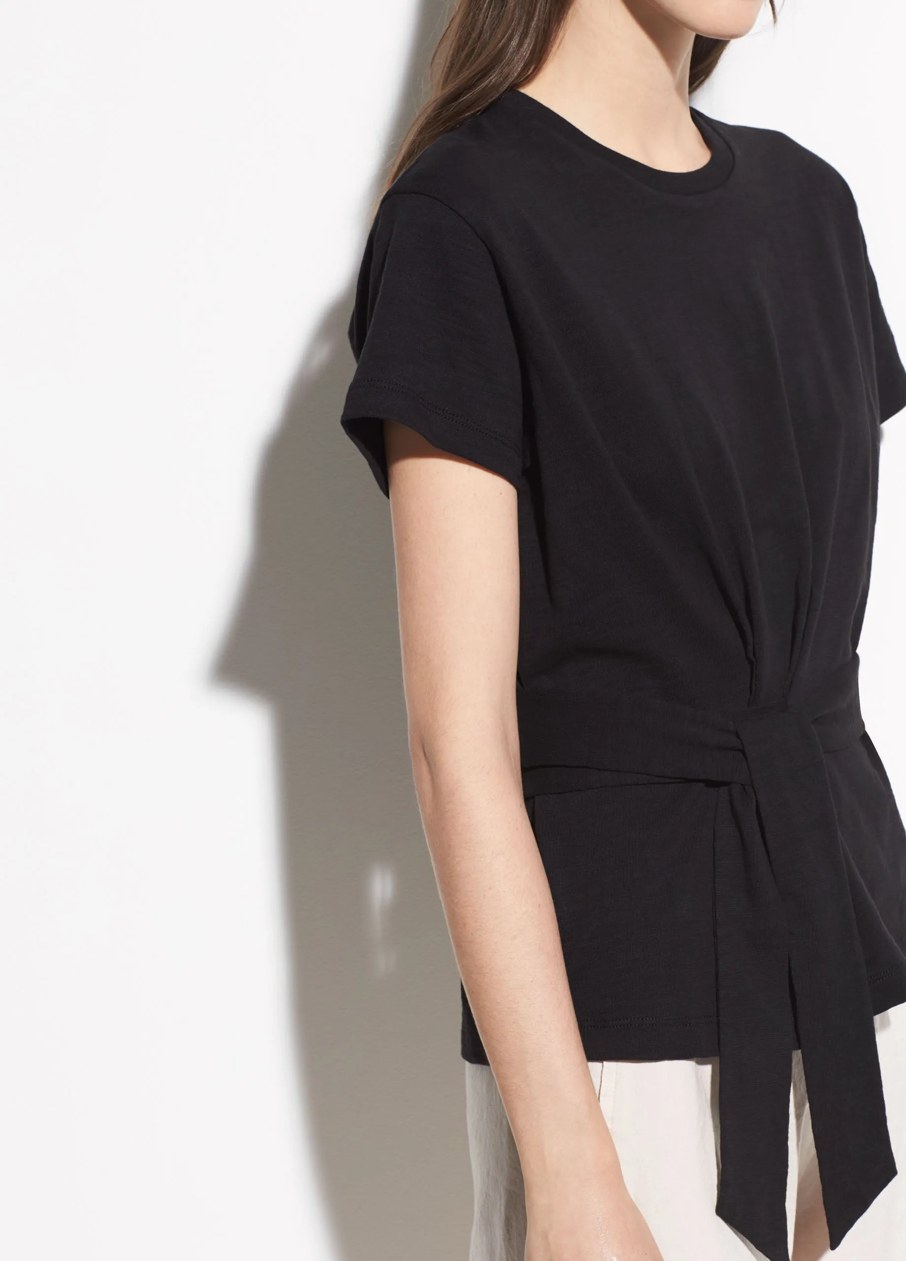 Short Sleeve Cotton Wrap Tee in Black