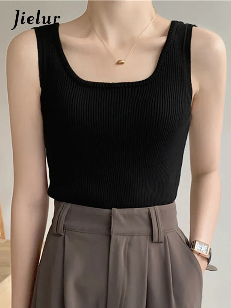 Summer Pink Sleeveless Female Tank Tops Fashion Elegant Office Lady Basic Solid Color Simple Chic Knitted Women's Camis