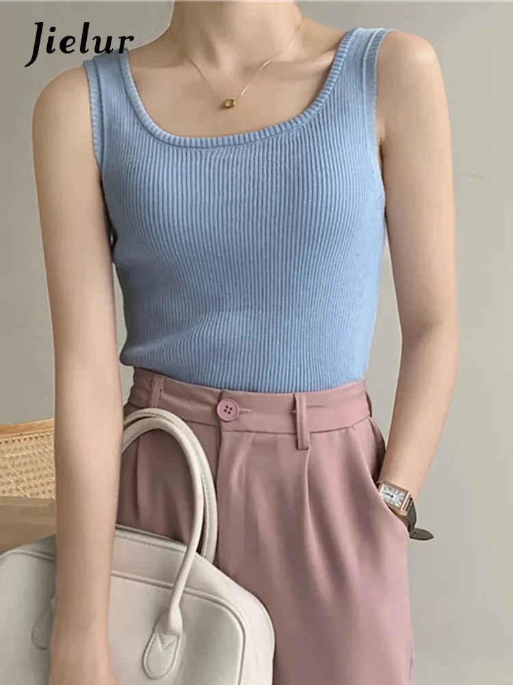 Summer Pink Sleeveless Female Tank Tops Fashion Elegant Office Lady Basic Solid Color Simple Chic Knitted Women's Camis